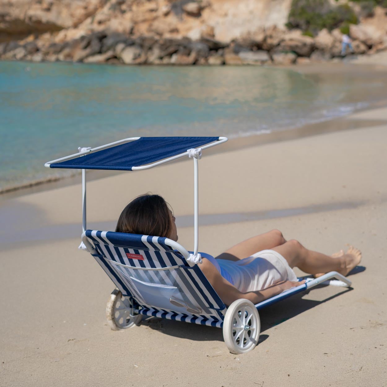 Flamingueo Chaise De Plage Transat Pliable Avec Parasol Polyester Bleu - 7