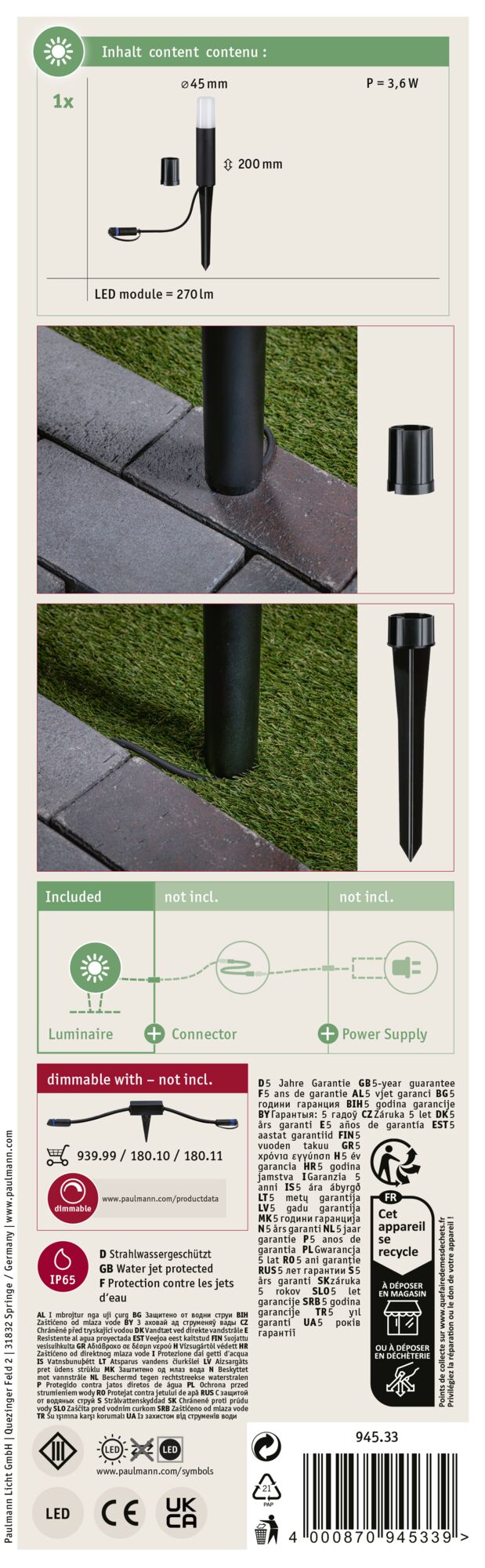 Plug & Shine Borne lumineuse LED Flarea Luminaire individuel IP65 cylindrique 200mm 3000K 3,6W 150lm 24V Noir Métal - 9