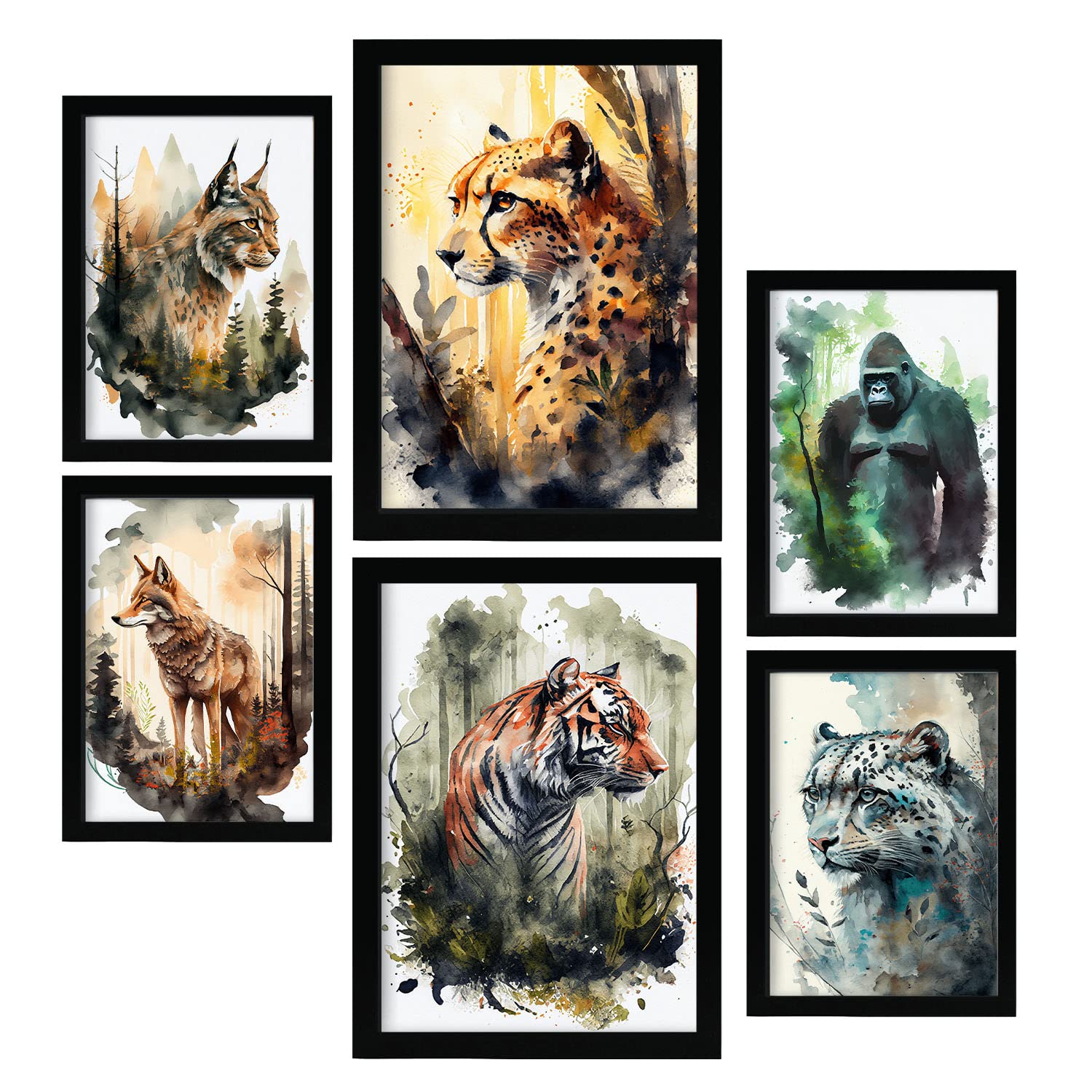 Nacnic posters de felinos coloridas ilustraciones de animales en paisajes naturales estilo acuarela diseño moderno para la a4 & a3 marco negro