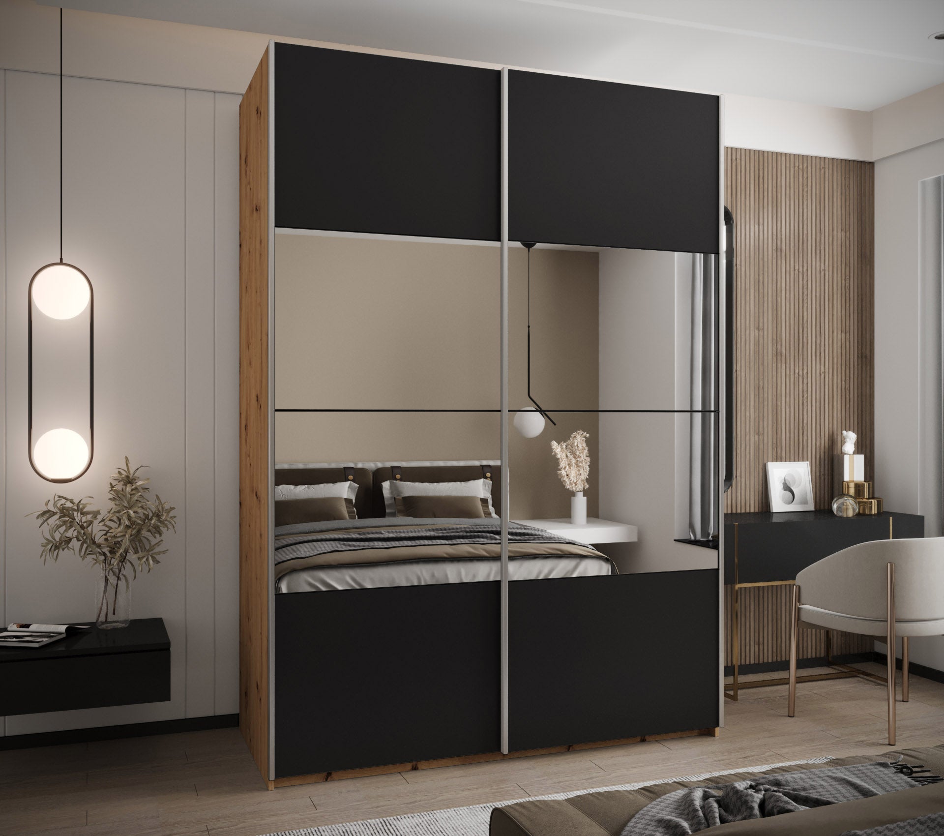 Szafa przesuwna wysoka Lux 4 180 x 64 x 245,5 cm artisan + czarny + u. srebrny - Abiks Meble - 2