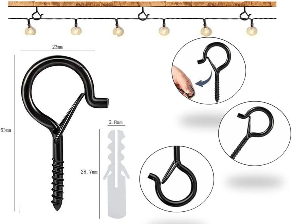 Kit 110 Ganci A Vite Nero - 6 Misure Diverse Per Appendere Piante, Tazze, Chiavi, Luci Natalizie