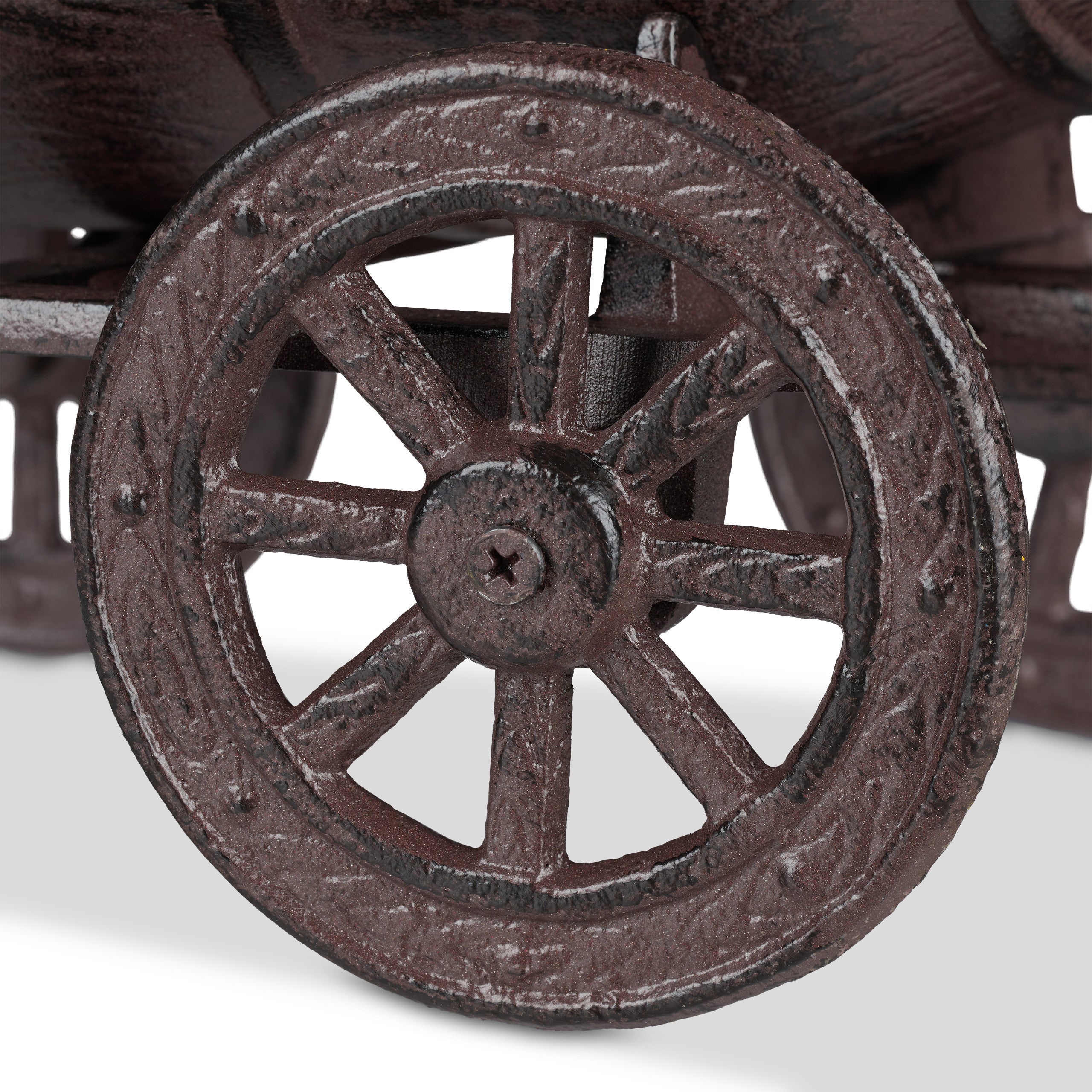 Relaxdays Tonneau à plantes, décoration de jardin, demi barique à vin, brouette, fonte de fer, HLP 18x20x29cm, brun - 8