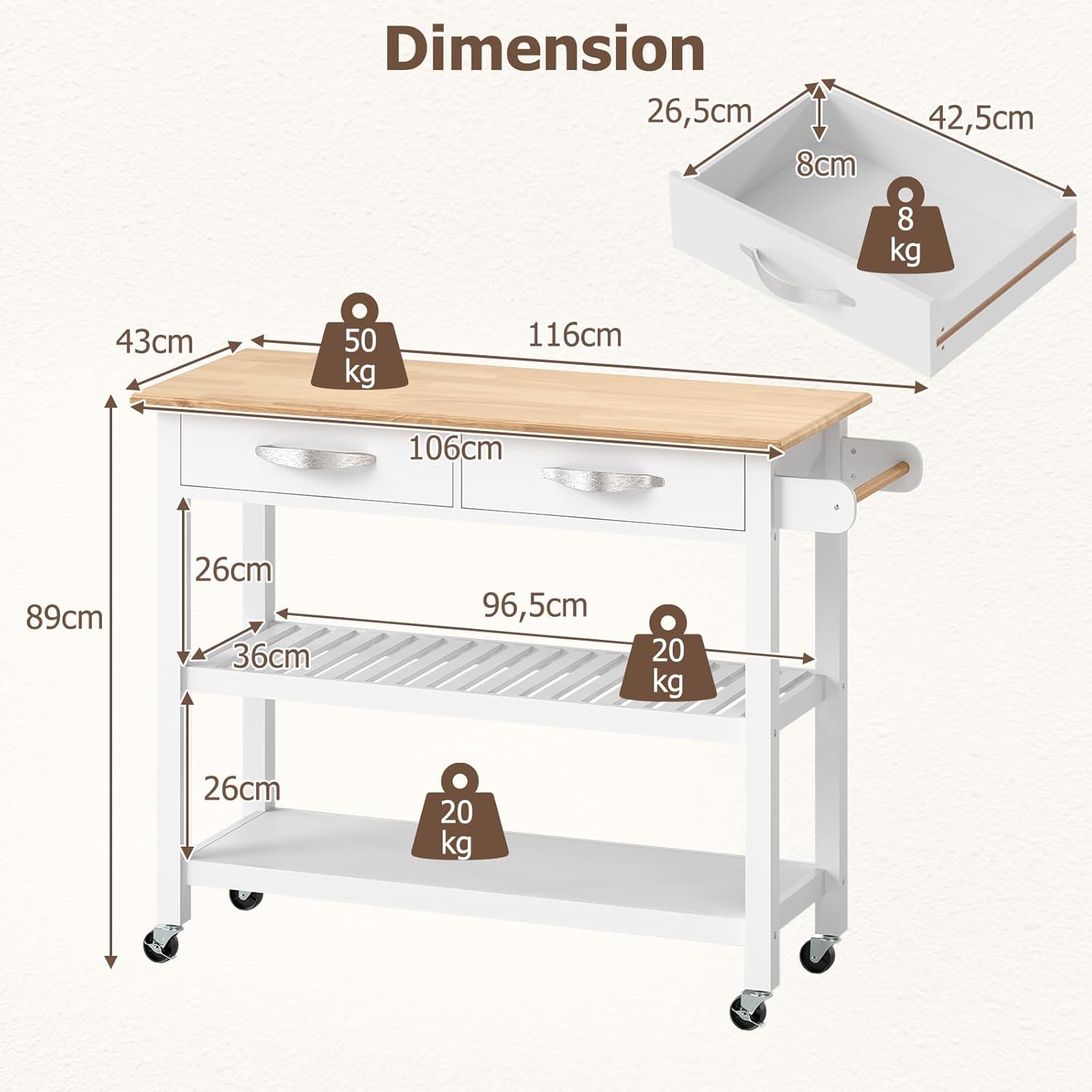 Carrello da cucina con ruote, carrello di servizio, piano di lavoro in legno di caucciù, 2 cassetti, 2 ripiani, isola cucina (Bianco) - 3
