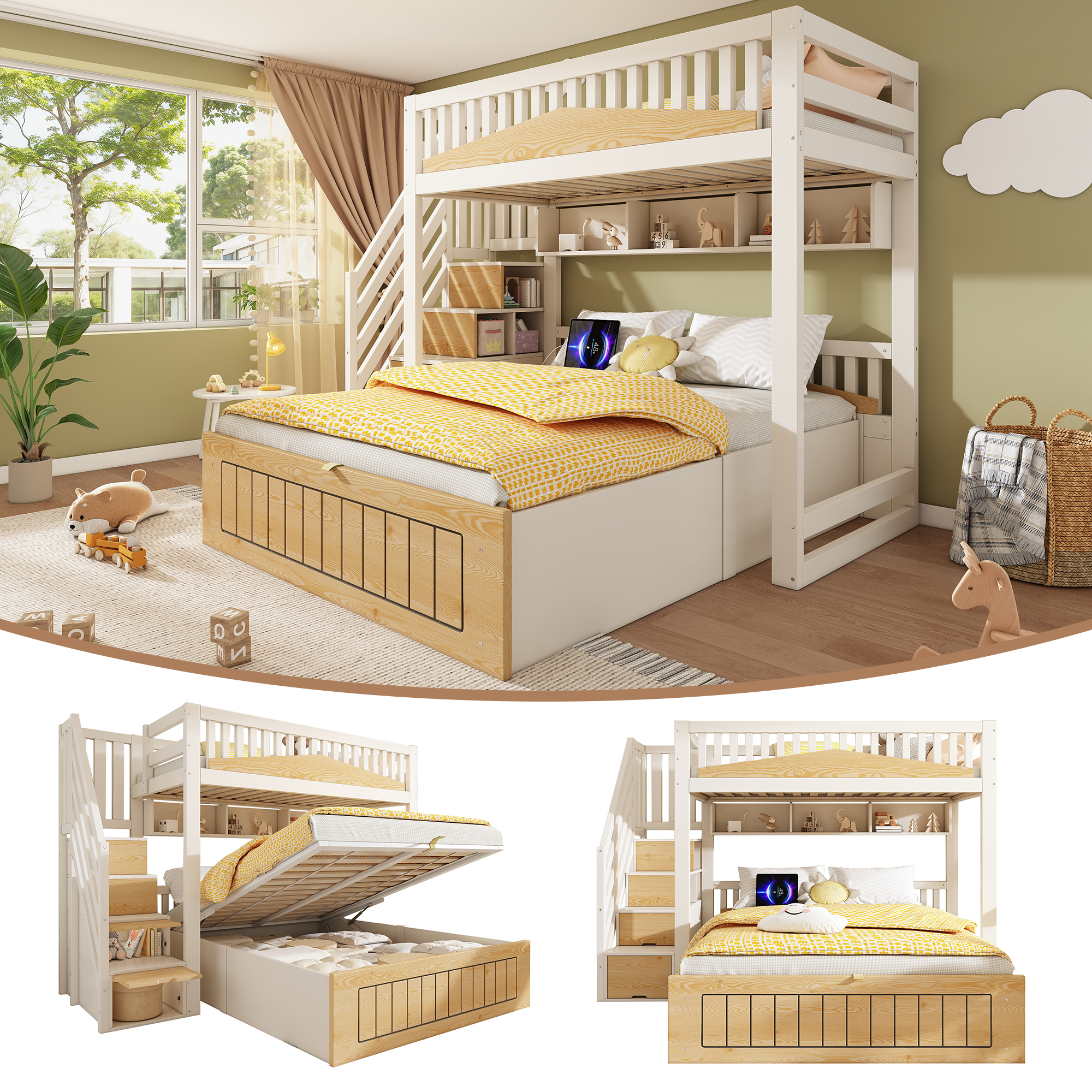 Łóżka piętrowe 90 x 200 cm + 140 x 200 cm z przegródkami i schowkami - MDF + PB + sklejka - porty USB-C - białe