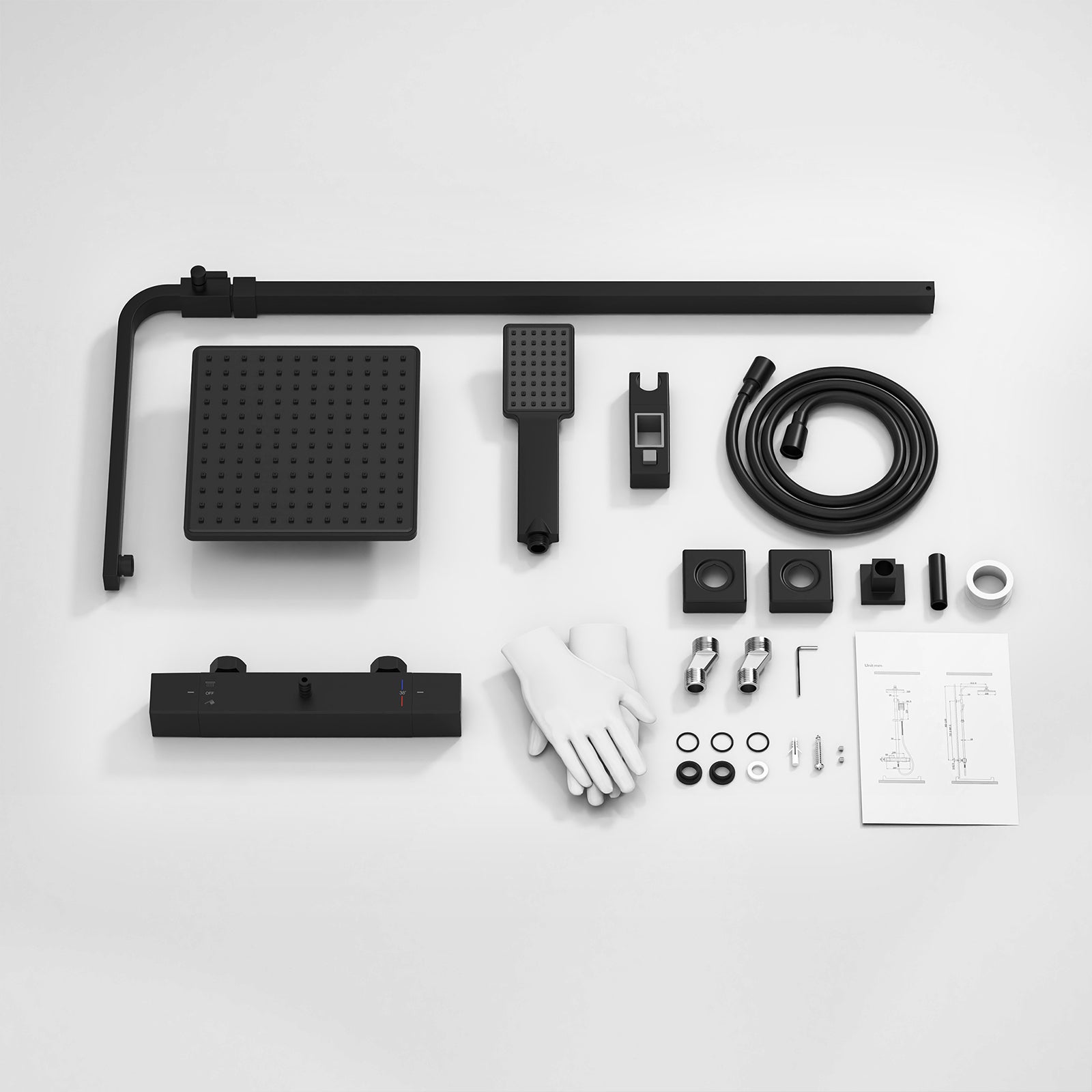 Columna de Ducha Termostática Negra Sin Taladro, Sistema de Ducha Ajustable 855–1105 mm, Cuerpo de Latón, Conjunto de Ducha Mural - 8