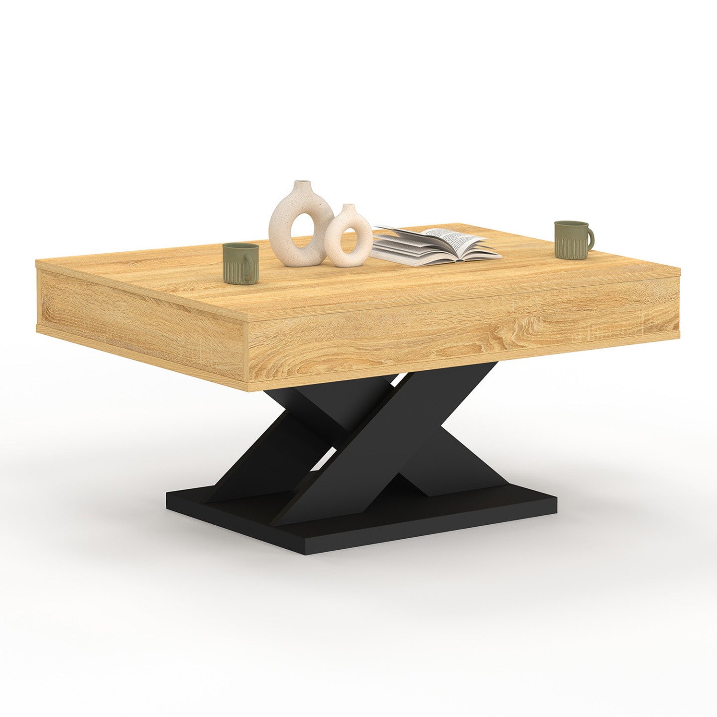 Table basse rectangulaire plateau relevable ALICIA bois et pied noir - 4