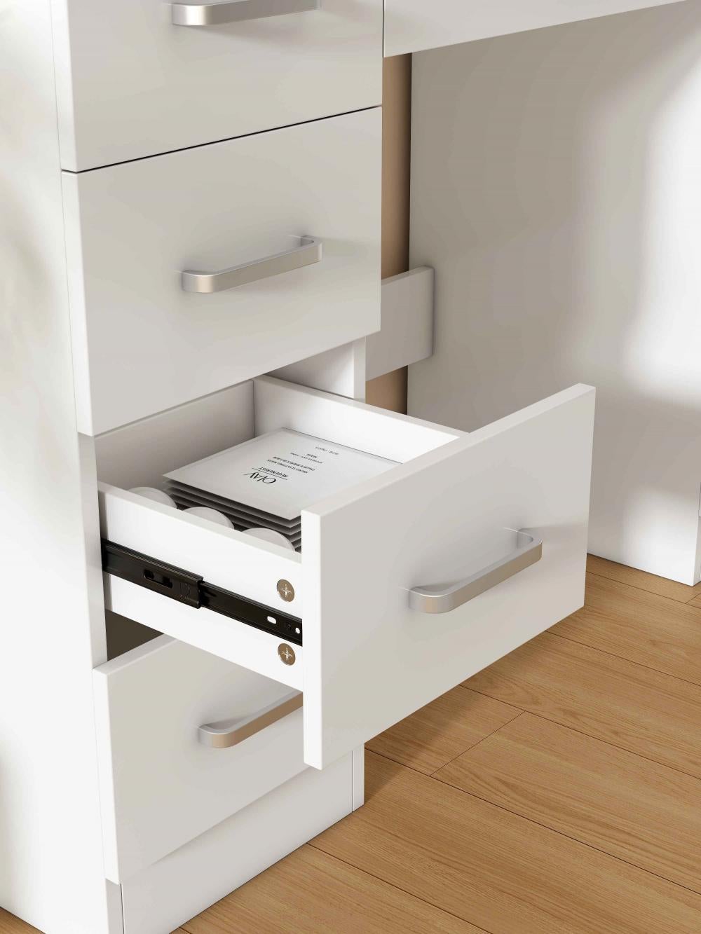 Coiffeuse Blanche 110×40×145 cm avec Miroir LED 10 Lumières, USB, Sgabello et Support Sèche-Cheveux - 6