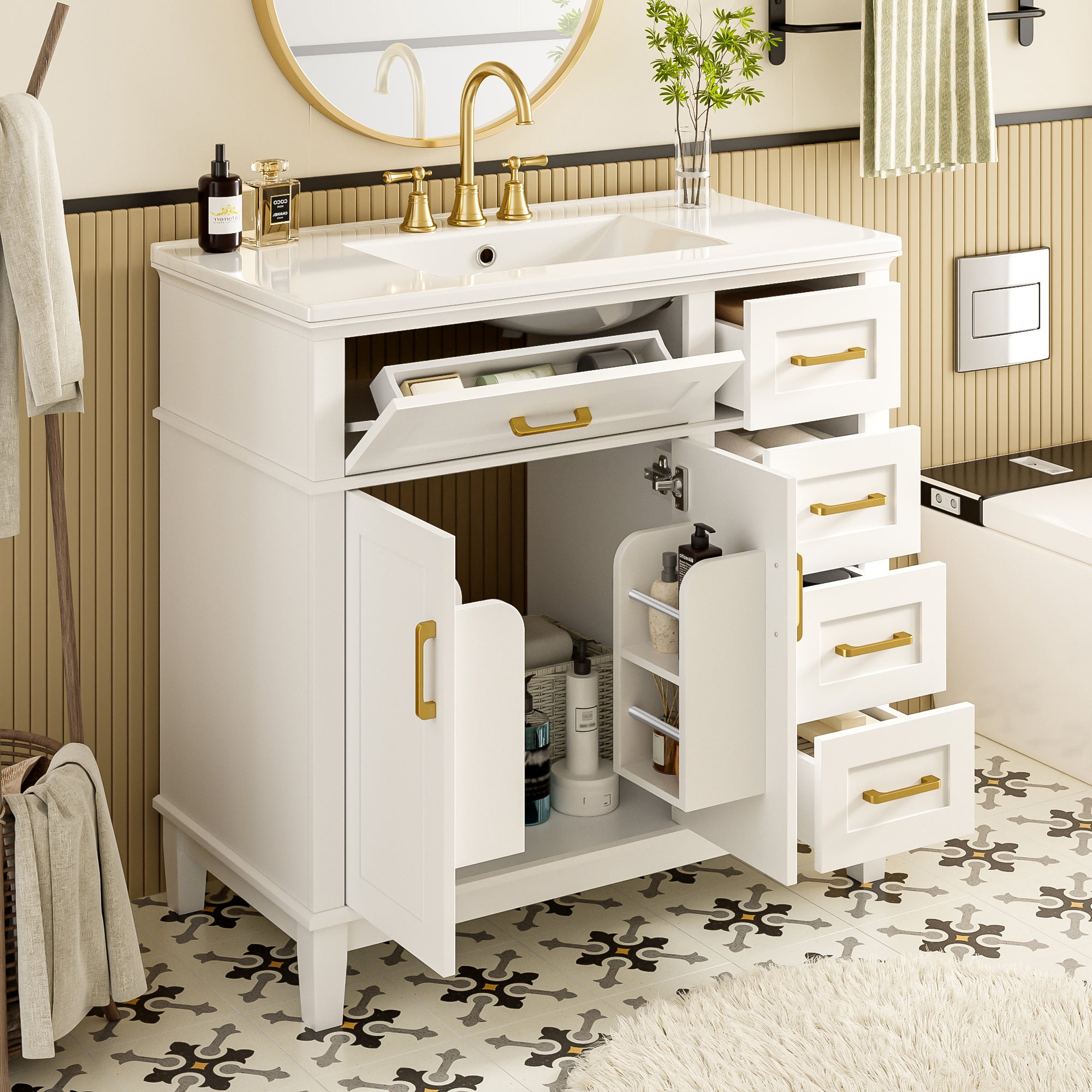 Szafka łazienkowa pod umywalkę, niska, z umywalką ceramiczną, 3 drzwi i 4 szuflady, 90 x 46 x 87 cm, płyta MDF, kolor biały