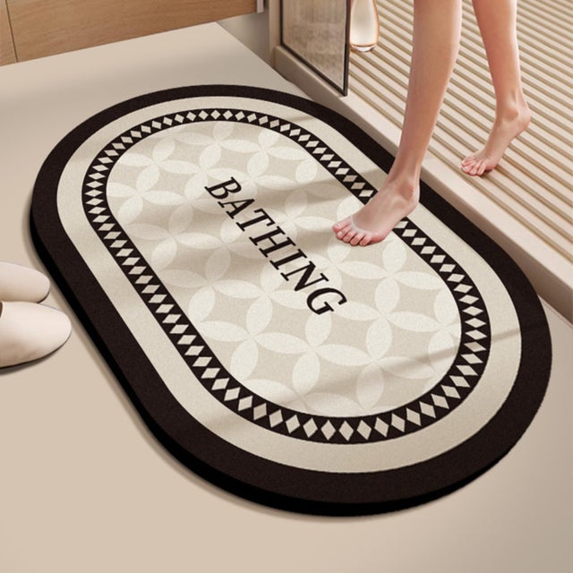Tapis de Bain Absorbant, Antidérapant, Lavable, 40 x 60 cm, pour Salle de Bain, Cuisine, Ovale, Écru, Bande Losanges Noirs