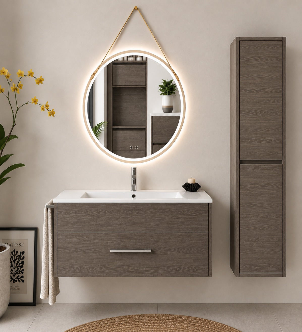 Mobilier de baie cu lavoar ORIGENBATH FLORENCIA fără oglindă 100x40 cm stejar smoky cu coloană