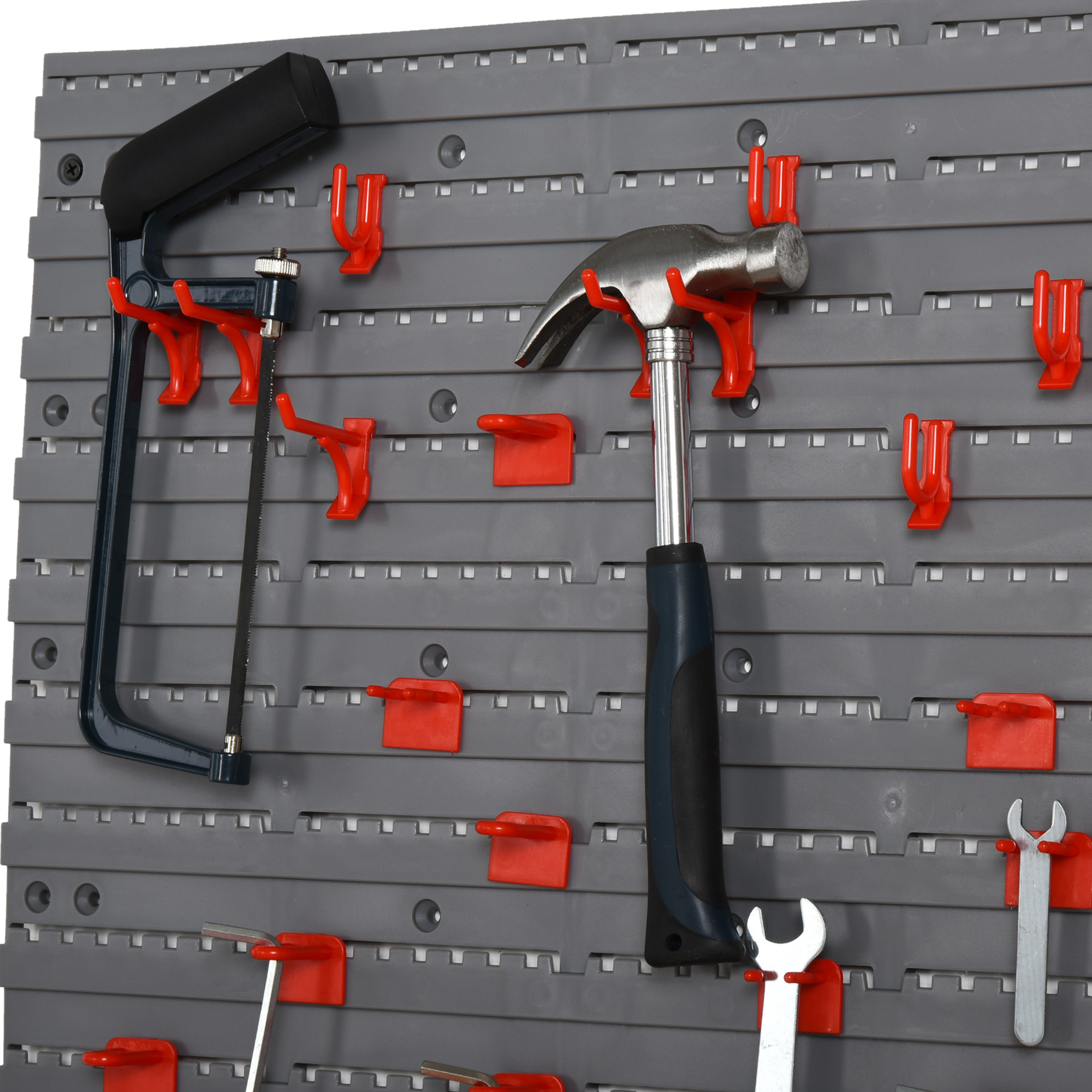 Panneau mural porte-outils , ensemble de 54 porte-outils pour atelier, bacs de rangement, crochets, PP, gris et rouge, 95,5 x 23 x 53,5 cm - 8