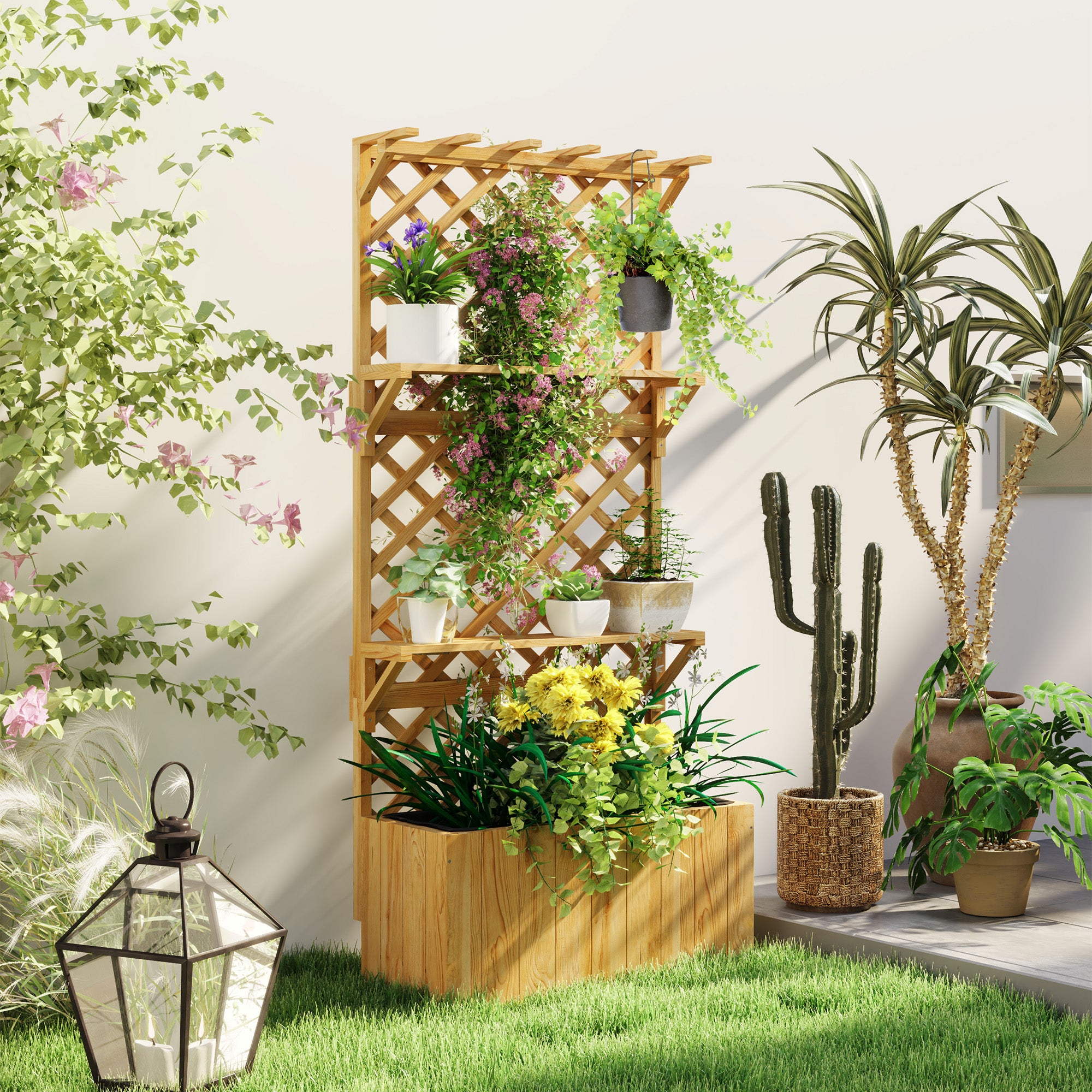 Outsunny Fioriera con Traliccio per Rampicanti, Fori di Drenaggio e 2 Mensole, in Legno di Abete, 76x33x177 cm - 2