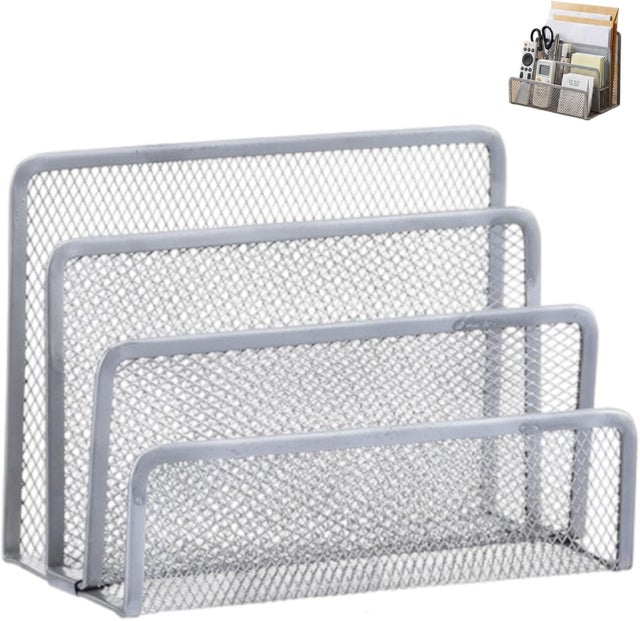 Organizador de mesa em tela metálica – porta-revistas de 3 níveis, bandeja para arquivos e divisórias, incluindo 3 compartimentos (prateado).