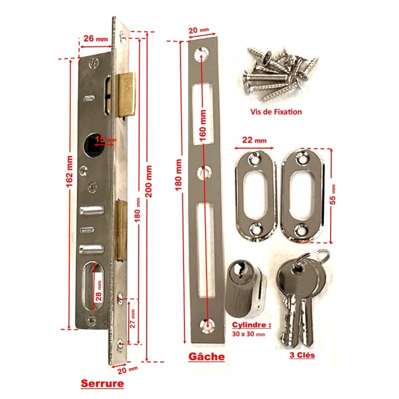 Lot de 10 serrures mono-point à encastrer KLOSE BESSER - avec trou cylindre - axe de 50 mm - noir - 2