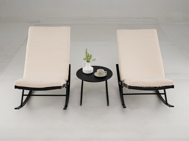 Conjunto Jardin Exterior 3 Piezas, 2 Mecedoras de Ratán PE con Cojines y 1 Mesa de Café, Mesa y Sillas Jardin Terraza Balcon Exterior