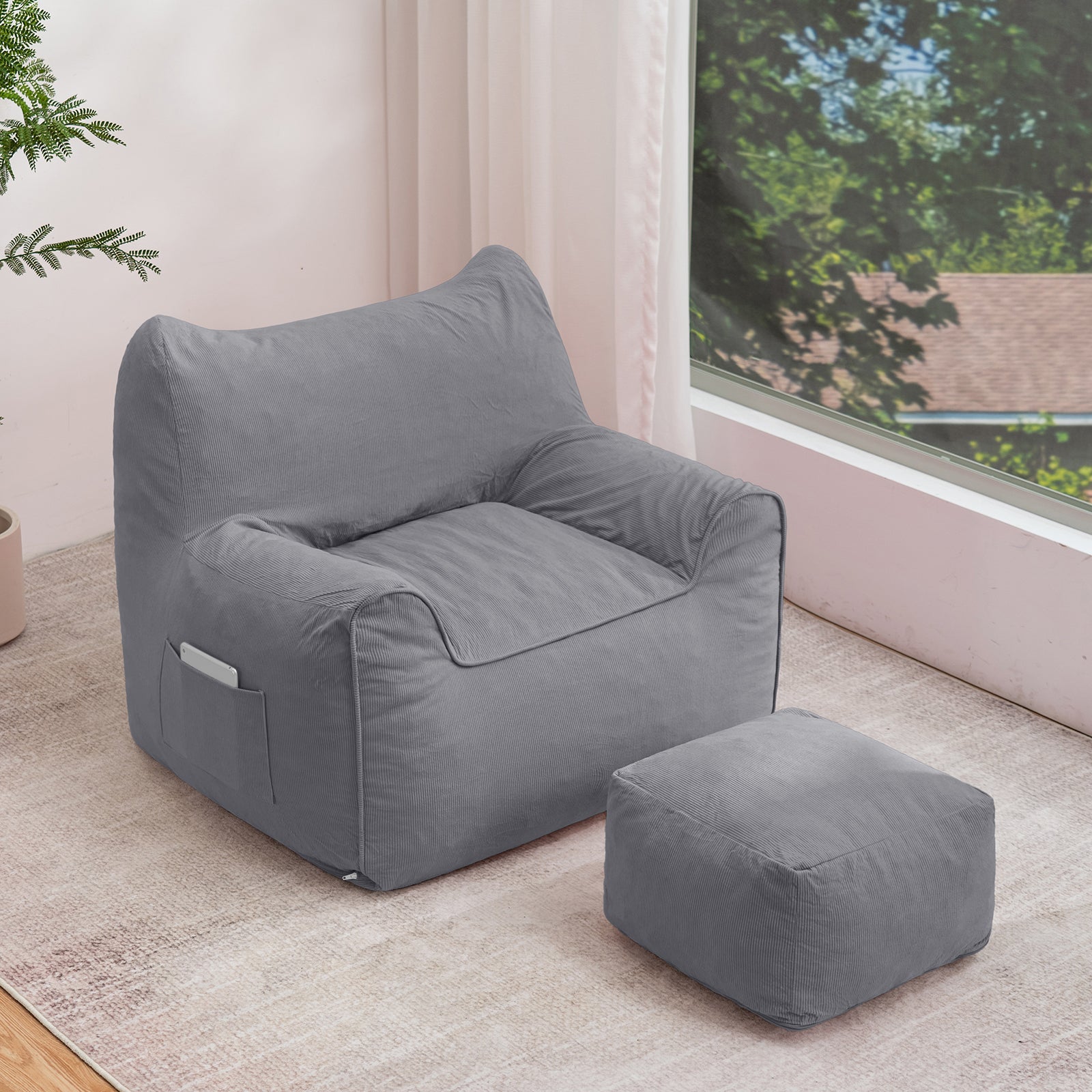 Poltrona de veludo cotelê, puff com apoio para os pés, 90x75x75cm, para quarto, sala de estar, presente de Natal - Cinza - 9