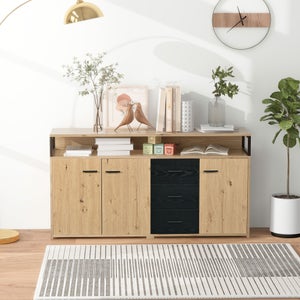 Buffet 4 Portes En Bois Naturel 160x40x78 Cm - Incrustation Métal, étagères Réglables, Design Surélevé