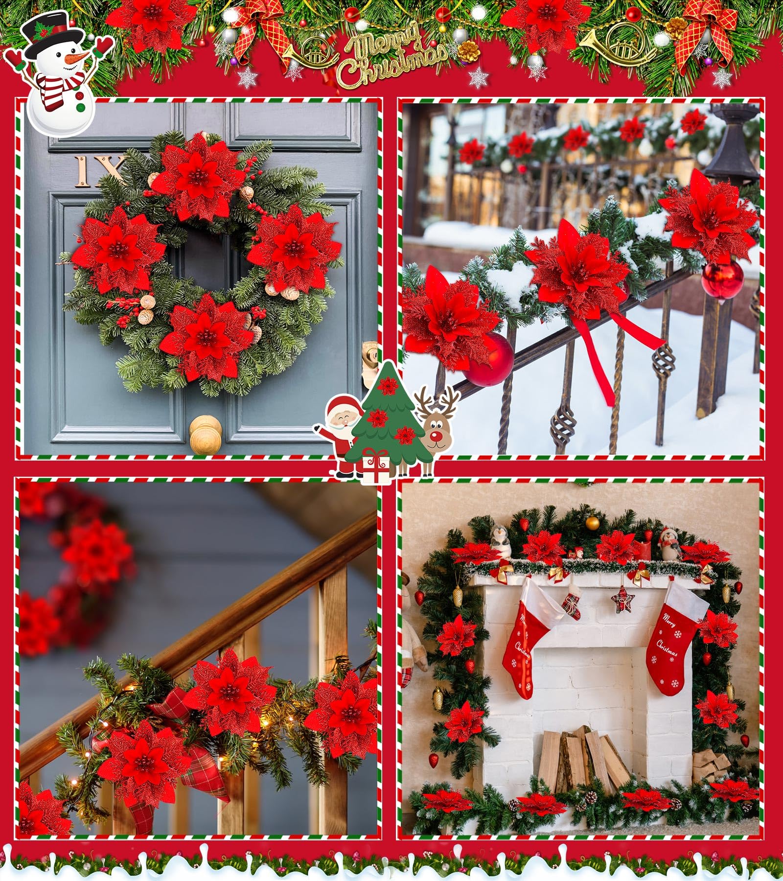 50 pièces décorations de noël, fleurs de noël artificielles avec clips, guirlande d'arbre de noël scintillante pendentifs de fleurs artificielles - 6