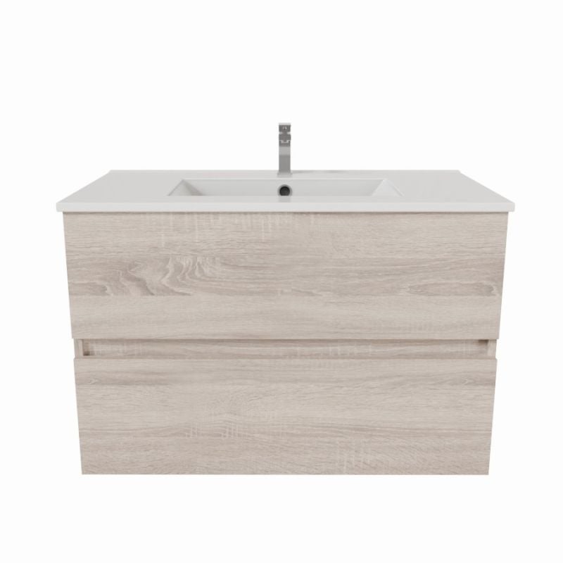 Meuble salle de bain suspendu 80 cm ROSALY | coloris : Bois | plan vasque : Céramique - 4
