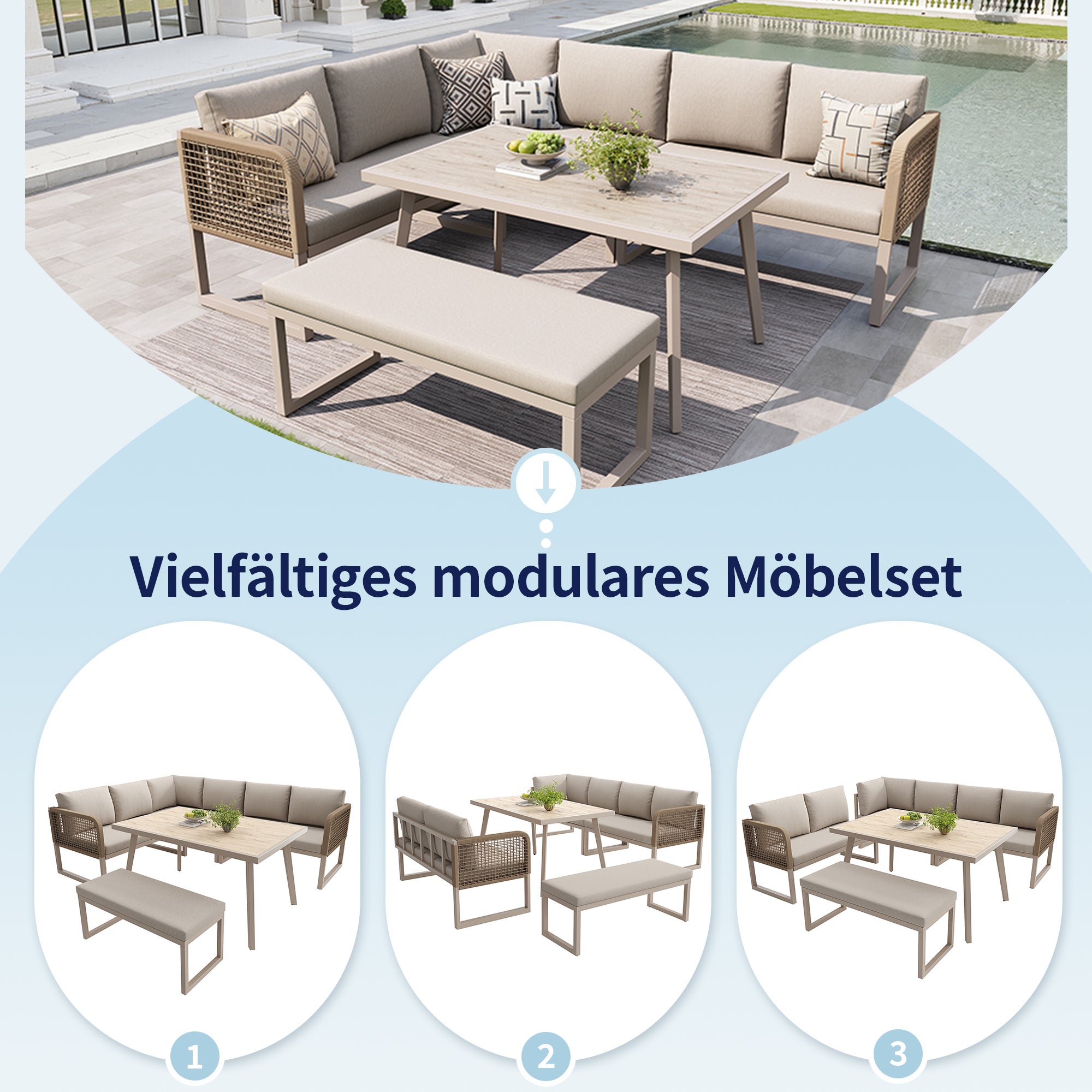 Salon de Jardin d'extérieur 6-8 places,Avec coussin d'assise et dossier,Rotin PE tissé à la main,Canapé de jardin résistants aux intempéries,Beige - 9