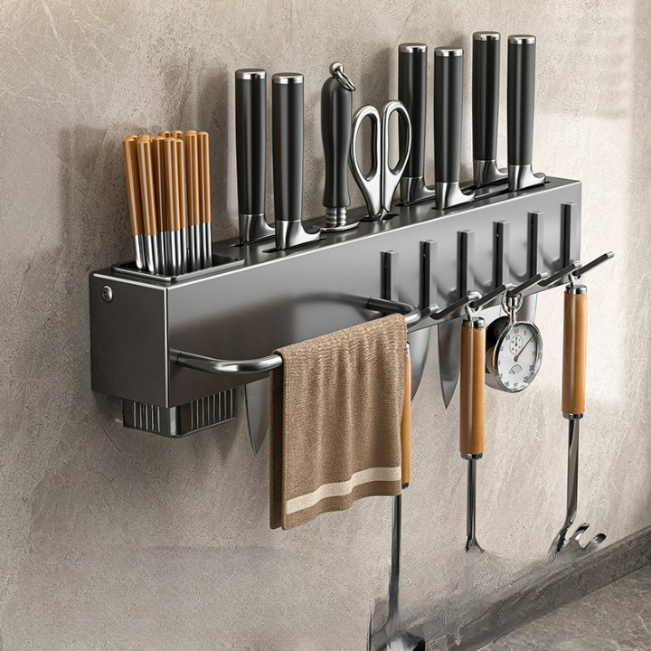 Naścienny stojak na noże kuchenne bez wiercenia, 1 szuflada, 3 przegrody, stal nierdzewna, 40 cm szary