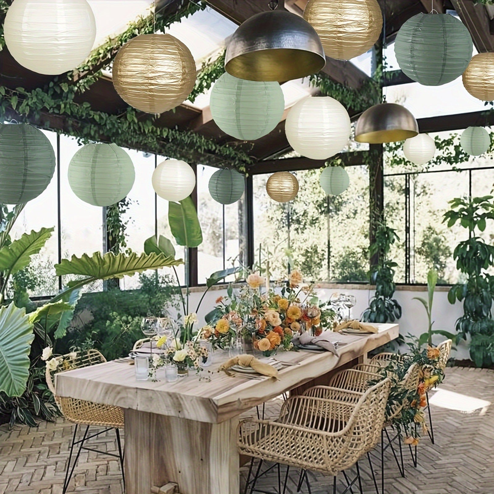 15 Lanternes en Papier Vert Sauge,Crème et Doré - Décoration Parfaite pour Mariages, Anniversaires, Fêtes Prénatales et Jardins 25cm - 7