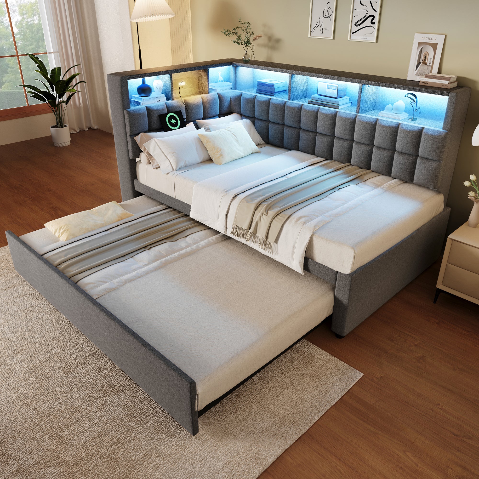 Lit rembourré 90x200cm,avec lit gigogne 90x190cm,Tête de lit en forme de L avec lumière LED et port USB,espace de rangement,Gris,Lin (sans matelas) - 2
