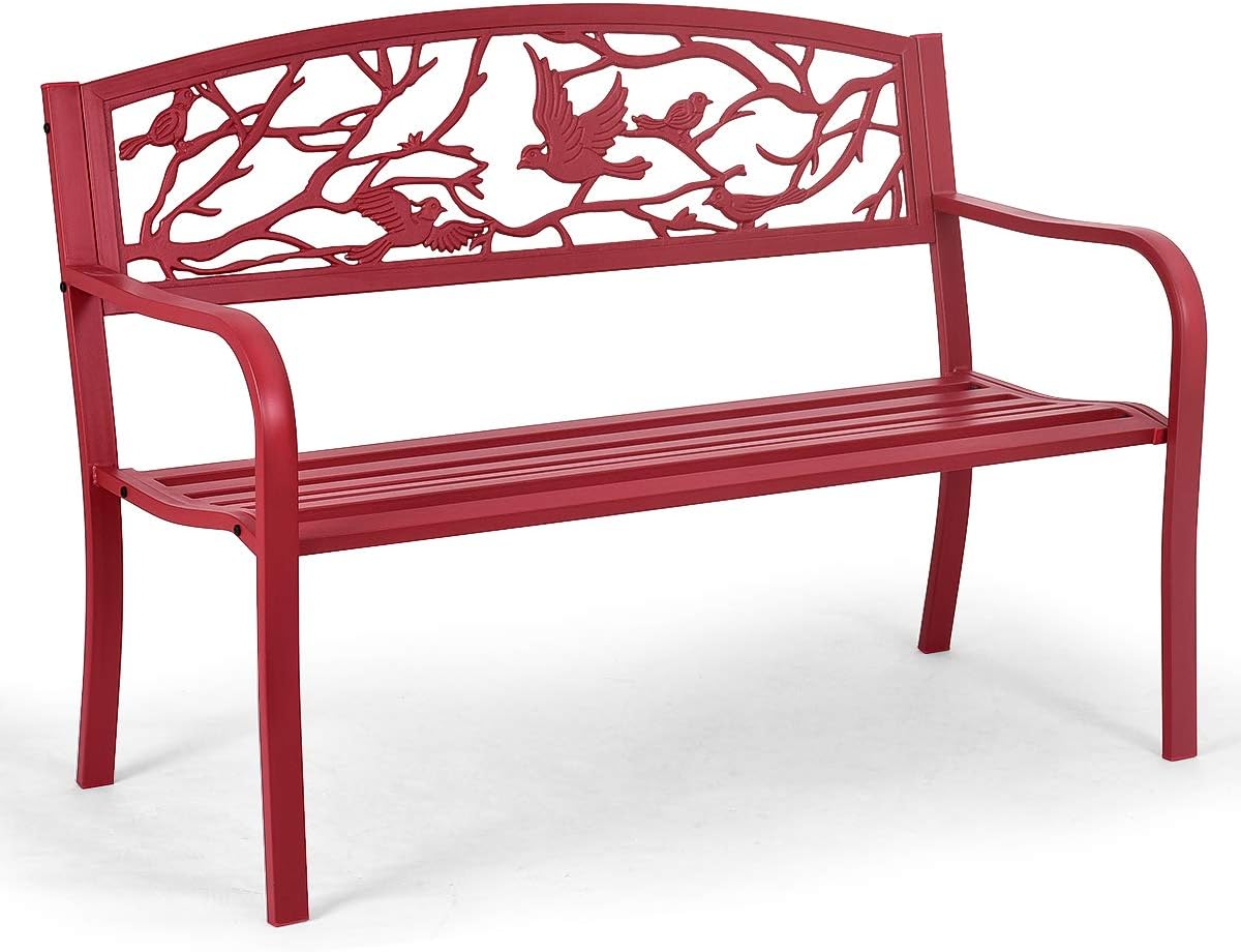 Ławka Ogrodowa 2-osobowa z Podłokietnikami i Pochylonym Oparciem, 123 x 60 x 88 cm, Metalowa Ławka Ogrodowa, Tarasowa, Balkonowa, Czerwona - 7