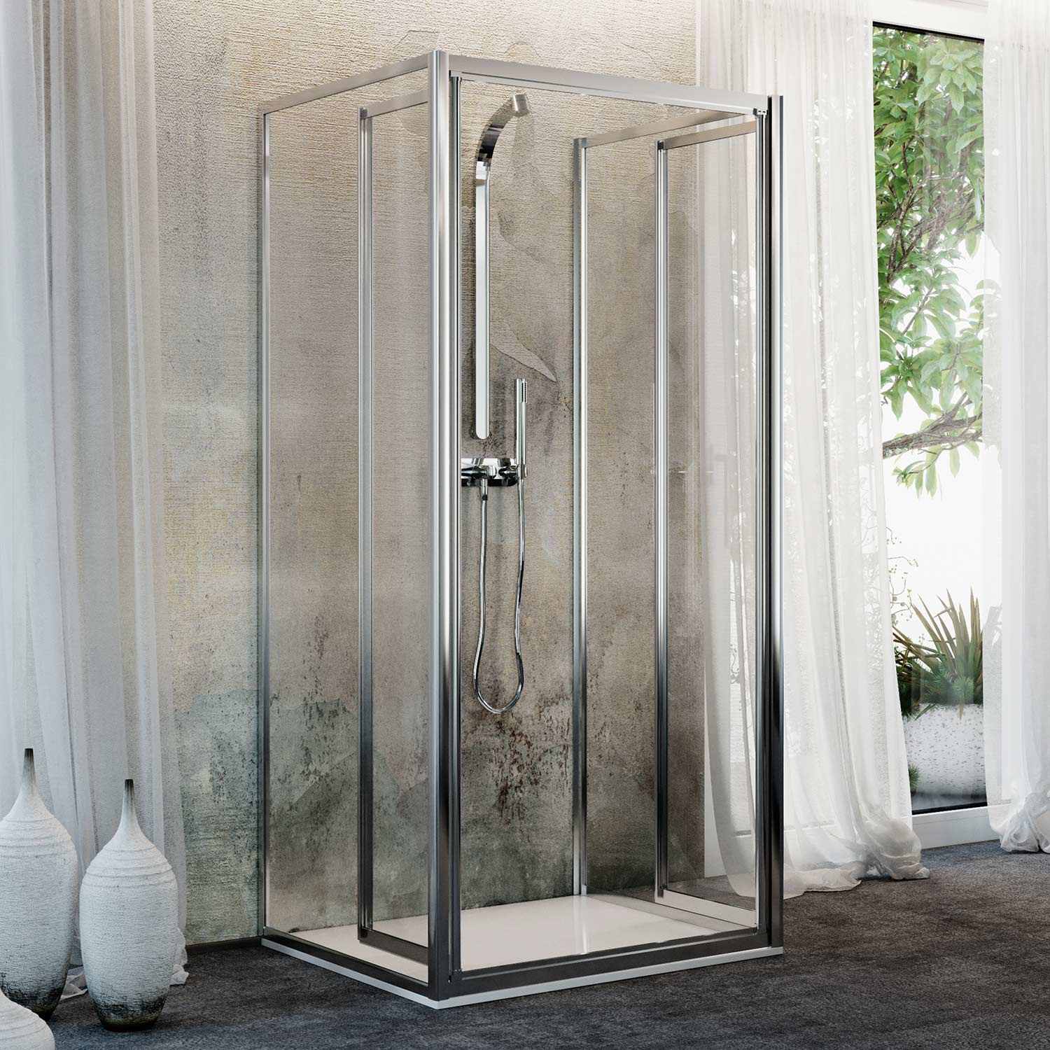 Box Doccia 3 lati 70x90x70CM H185 Cristallo Trasparente 2 Fissi+Saloon 2 Ante Battente 90 mod. Clint - 3