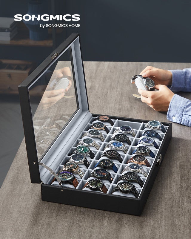 Boîte à Montres, Verrouillable, Écrin, Organisateur, avec 16 Compartiments, Couvercle en Verre, PU, Doublure en Gris et Surface en Noir d'Encre - 2