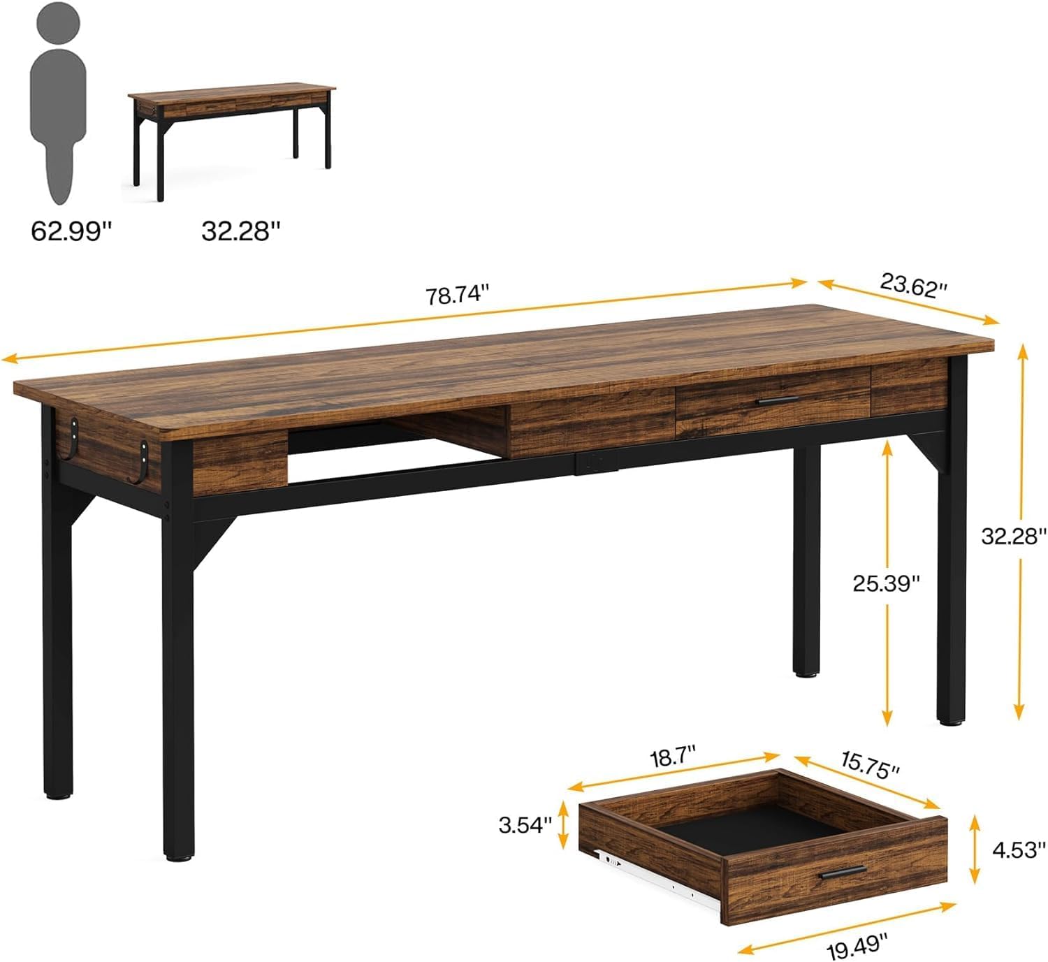 Bureau double 200cm de long table d'ordinateur avec 2 tiroirs, bureau, table de bureau - 3