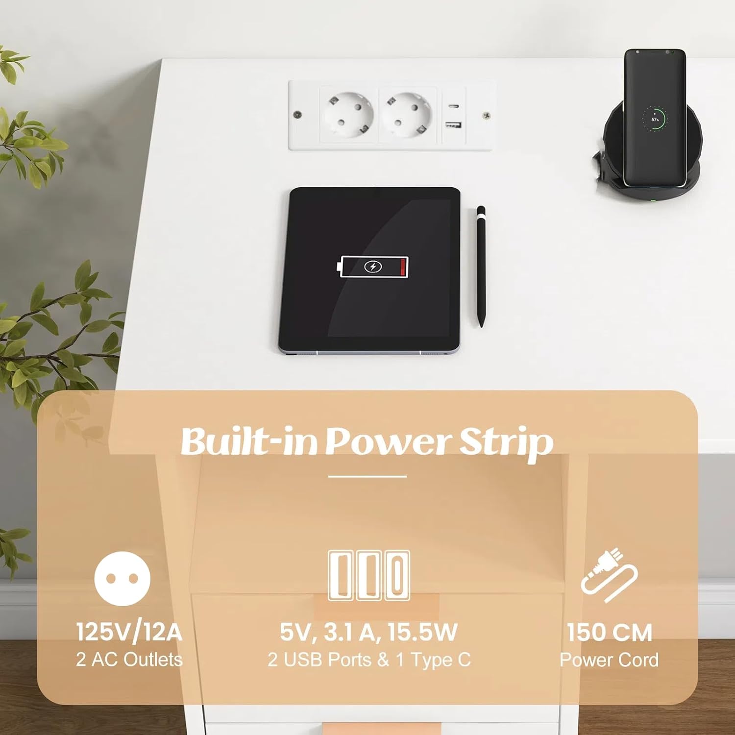 Biurko 105 cm z Gniazdkami Elektrycznymi, 3 Szufladami, Otwartą Przegrodą, Nowoczesnym Stanowiskiem Pracy z Portami USB Typu C (Kolor Biały) - 6