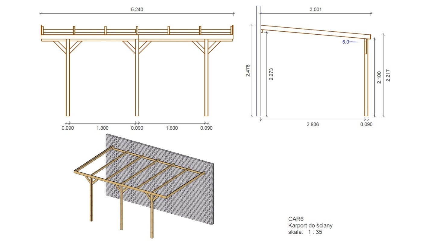 Carport, abri de voiture 3x5.24 m - 15 m2 - adossé&nbsp; - CAR6 - ALTANKA - 2