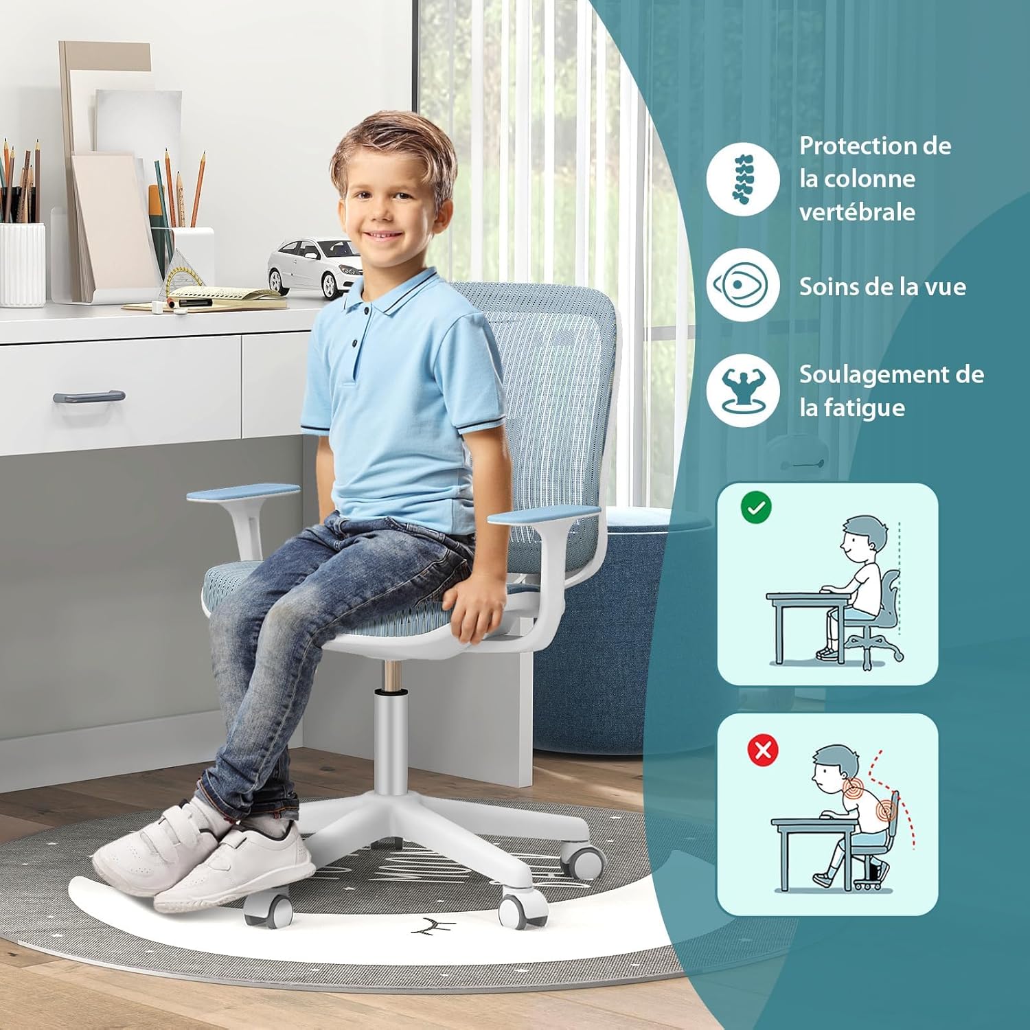 Chaise Bureau Enfant, Chaise d'Étude Ergonomique avec Coussin en Éponge, Hauteur de 43-55 CM, Fauteuil Bureau Bleu pour enfant 6 à 15 Ans, Bleu - 7