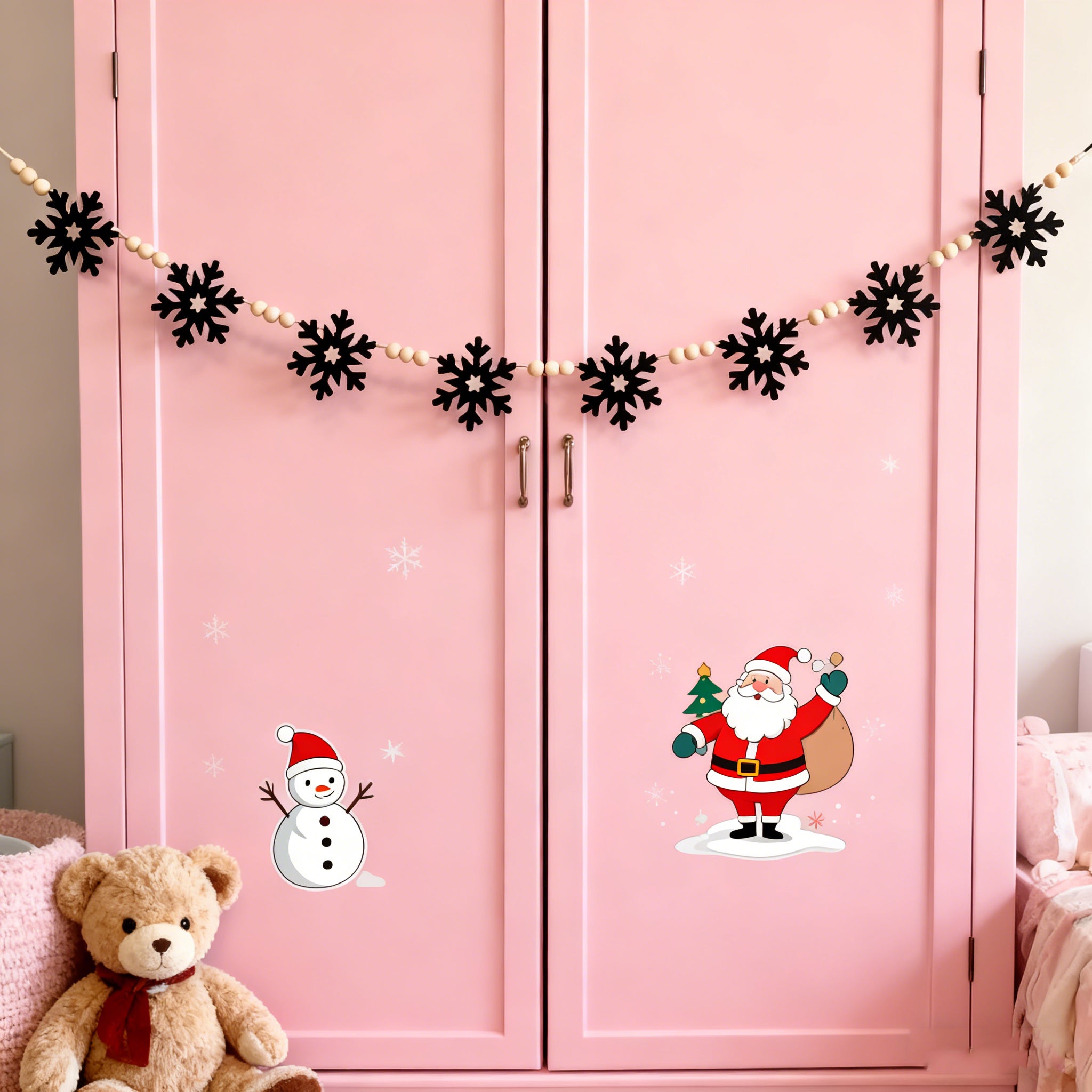 Set 4 ghirlande fiocco di neve nero in feltro e perline legno, banner Natale per camino invernale, decorazioni cozy farmhouse, atmosfera calda casa - 6