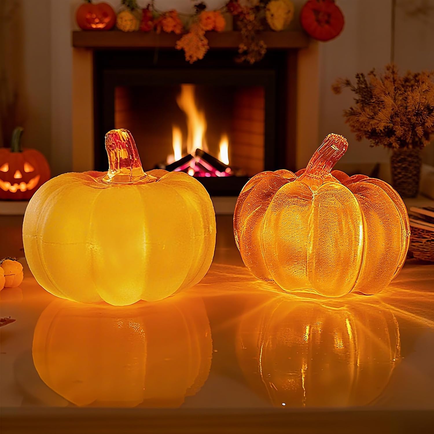 2 podświetlane dynie na Halloween 7*7*7 cm (pomarańczowe + żółte), jesienne dekoracje dyniowe, dynie na Halloween i imprezy świąteczne