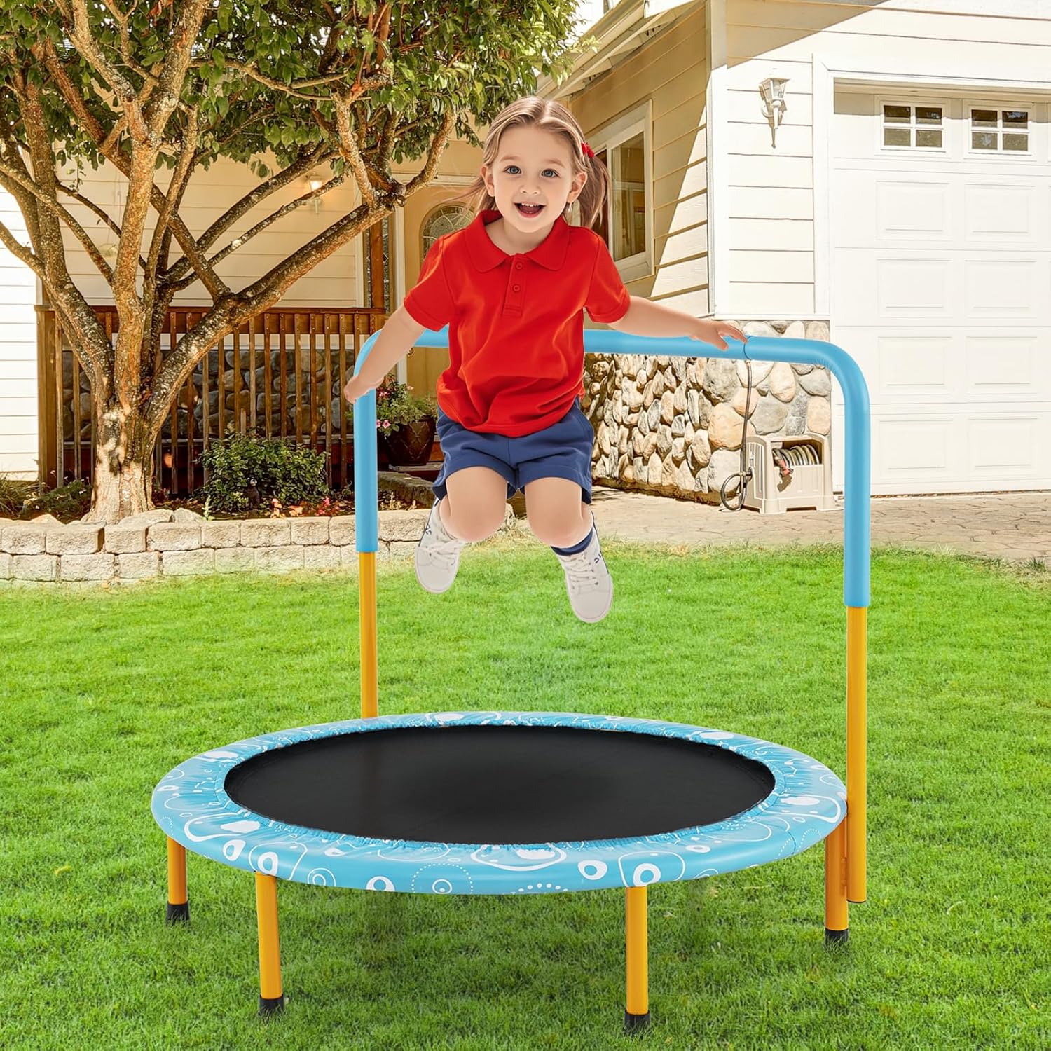 Składana Trampolina Zewnętrzna dla Dzieci z Pokrowcem Zabezpieczającym, Ø 92 cm, Wewnętrzna/Zewnętrzna, Obciążenie 150 kg, Niebieska, Okrągła - 8