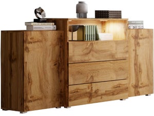 Commode avec Tiroirs Korfu III, Dimensions du Buffet : 69-82 x 150 x 32,5-39 cm, Commode Chambre, Commode Salon, Commode Moderne en Panneau Stratifié - Blanc/Blanc Brillant