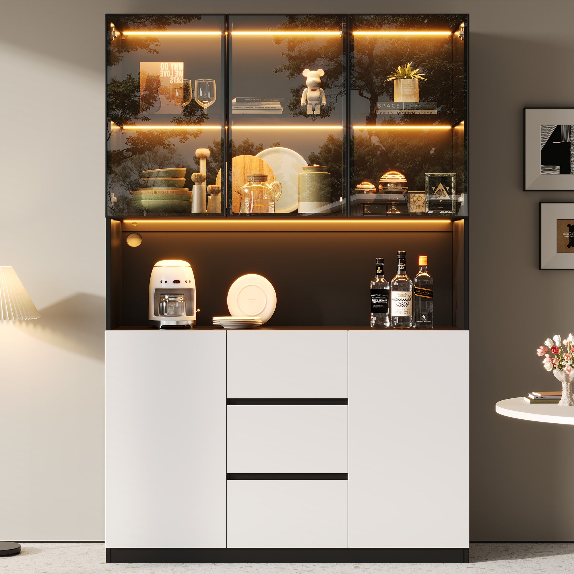 Witryna z 3 drzwiami szklanymi, 2 drzwiami drewnianymi i 3 szufladami, wysoka witryna - 120 x 40 x 200 cm - MDF - diody LED - czarna