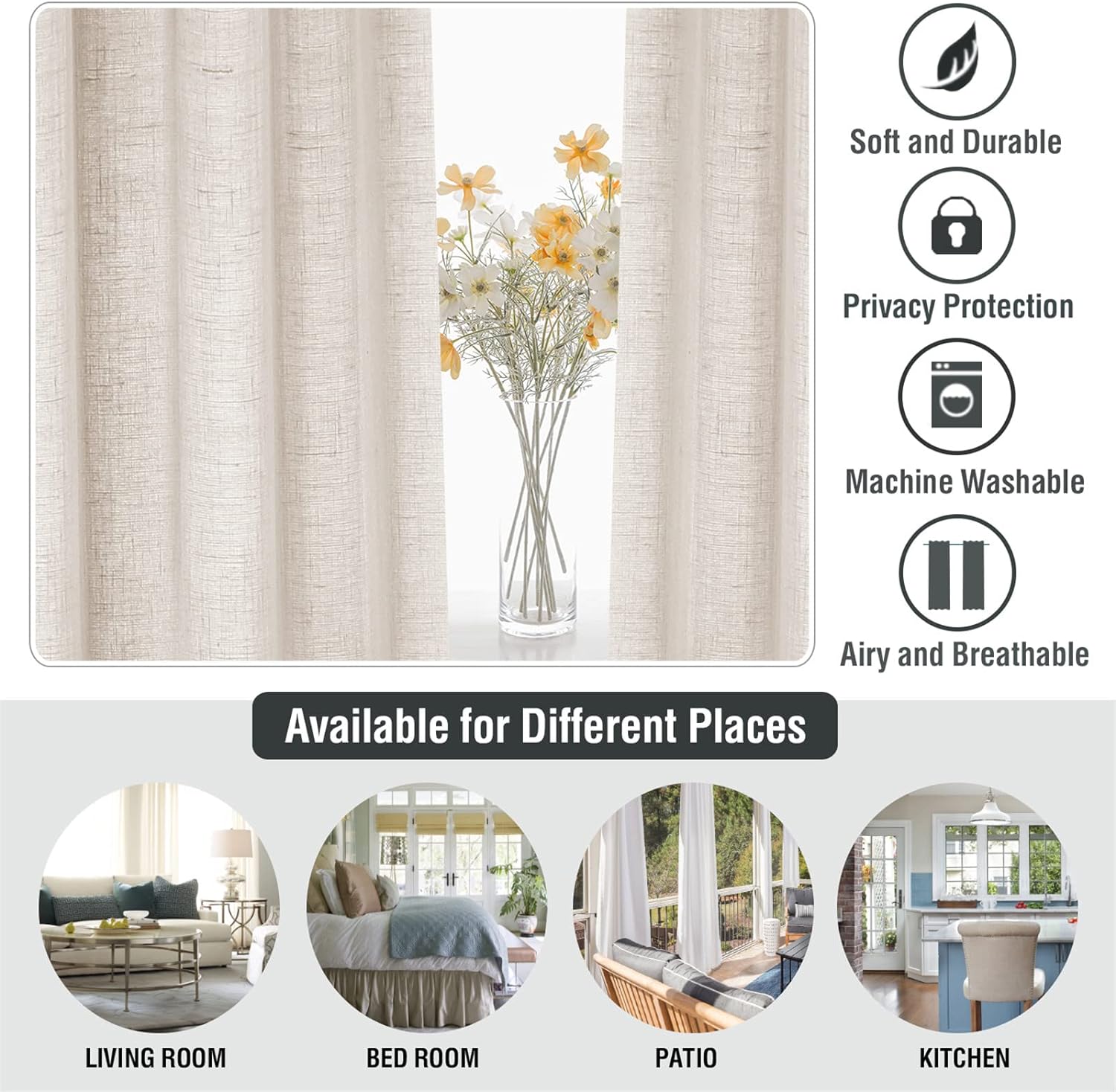 Rideaux en lin avec œillets, 2 pièces Rideaux en tulle, Rideaux à œillets, Rideau de fenêtre de salon Rideau, 132 x 160 cm (couleur lin) - 6