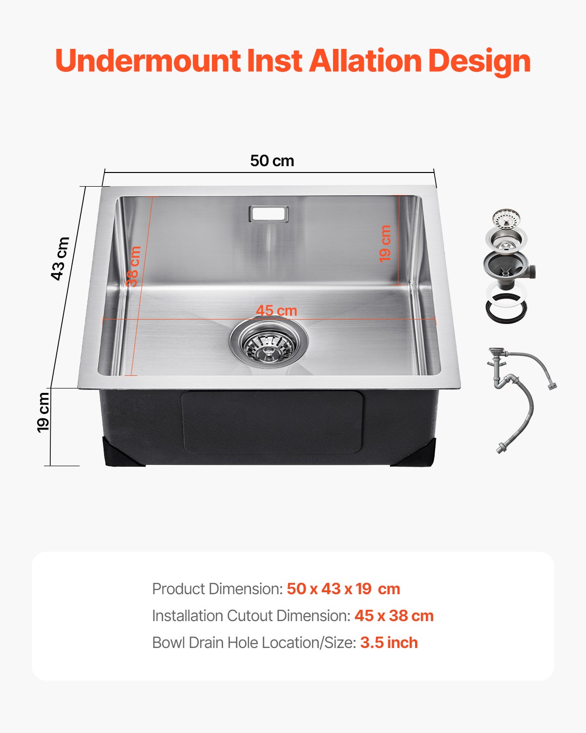 Pia Cozinha 50 cm,VEVOR Sob a Bancada,Inox 304,Cuba Simples,Acessórios,Lava-Louças,Motorhome,Cozinha Preparação,Lavanderia - 7