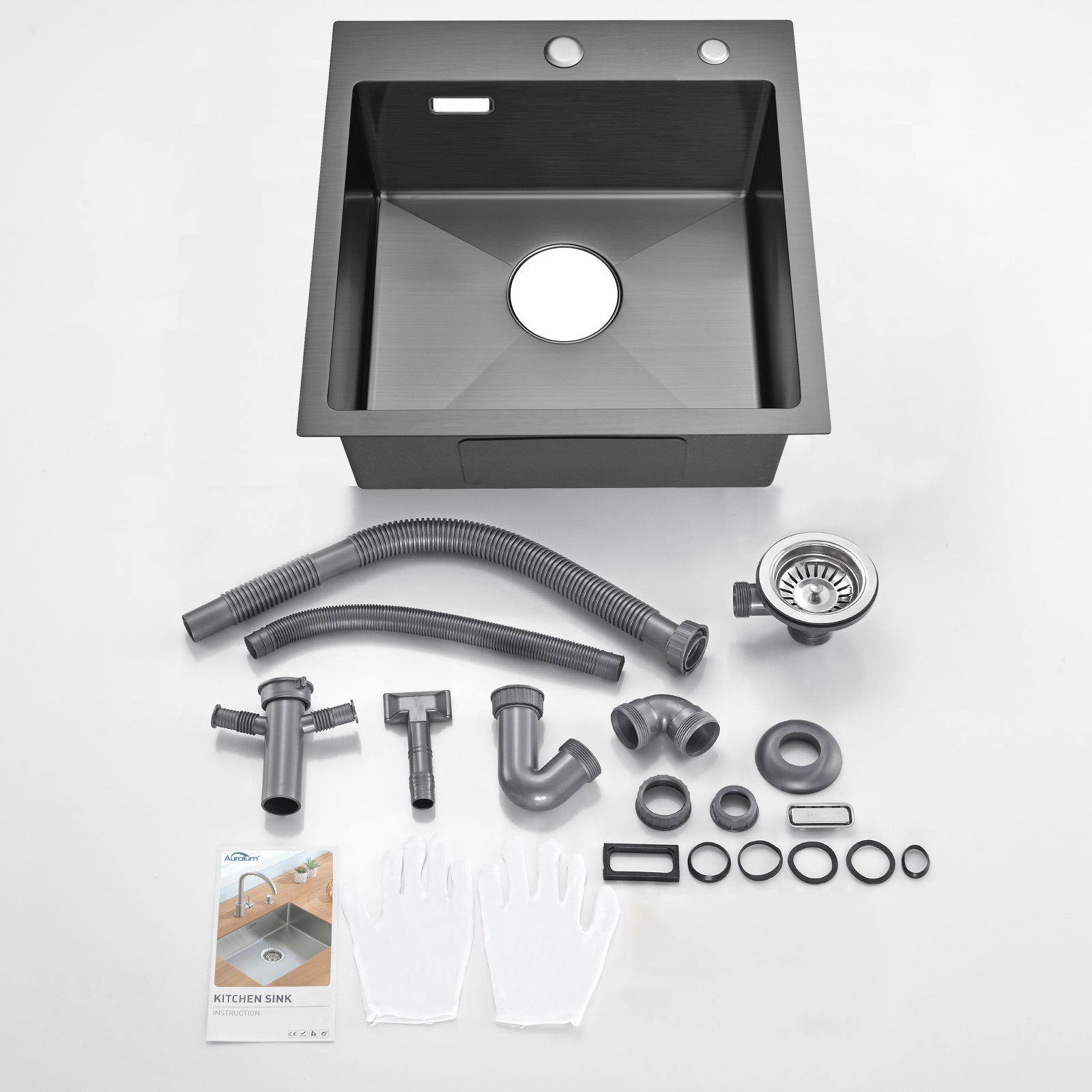 AuraLum Max Évier Cuisine 1 Bac en Acier Inoxydable Noir 45x45CM Évier Encastré et à Poser Évier avec Trou de Montage pour Robinet,EU Modèle - 7