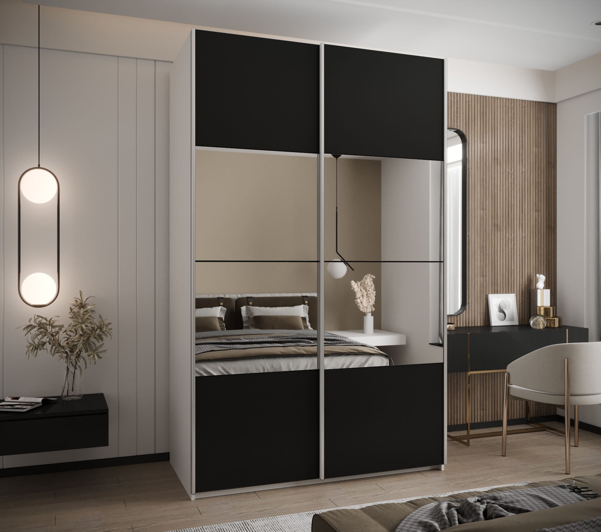 Szafa przesuwna wysoka Lux 4 150 x 64 x 245,5 cm biały + czarny + u. srebrny - Abiks Meble - 2