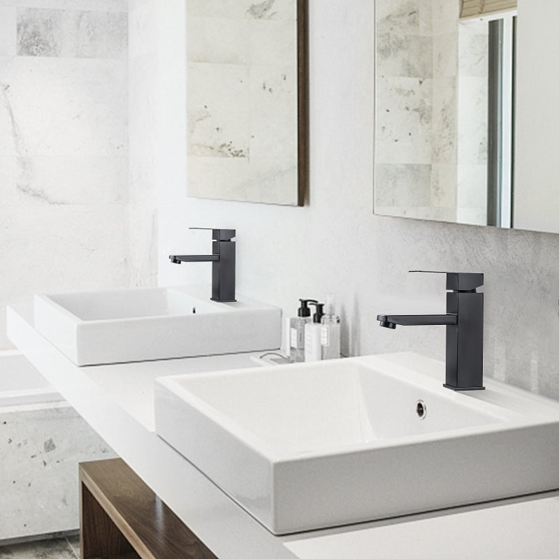 Homelody 2 czarne baterie umywalkowe ze stali nierdzewnej, baterie łazienkowe z kwadratowymi uchwytami, ciepła i zimna woda