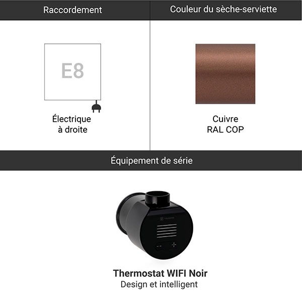 Scaldasalviette elettrico connesso ramato - HxL 1170x504mm - 300 Watt - RET1170/504E8COPW - 2