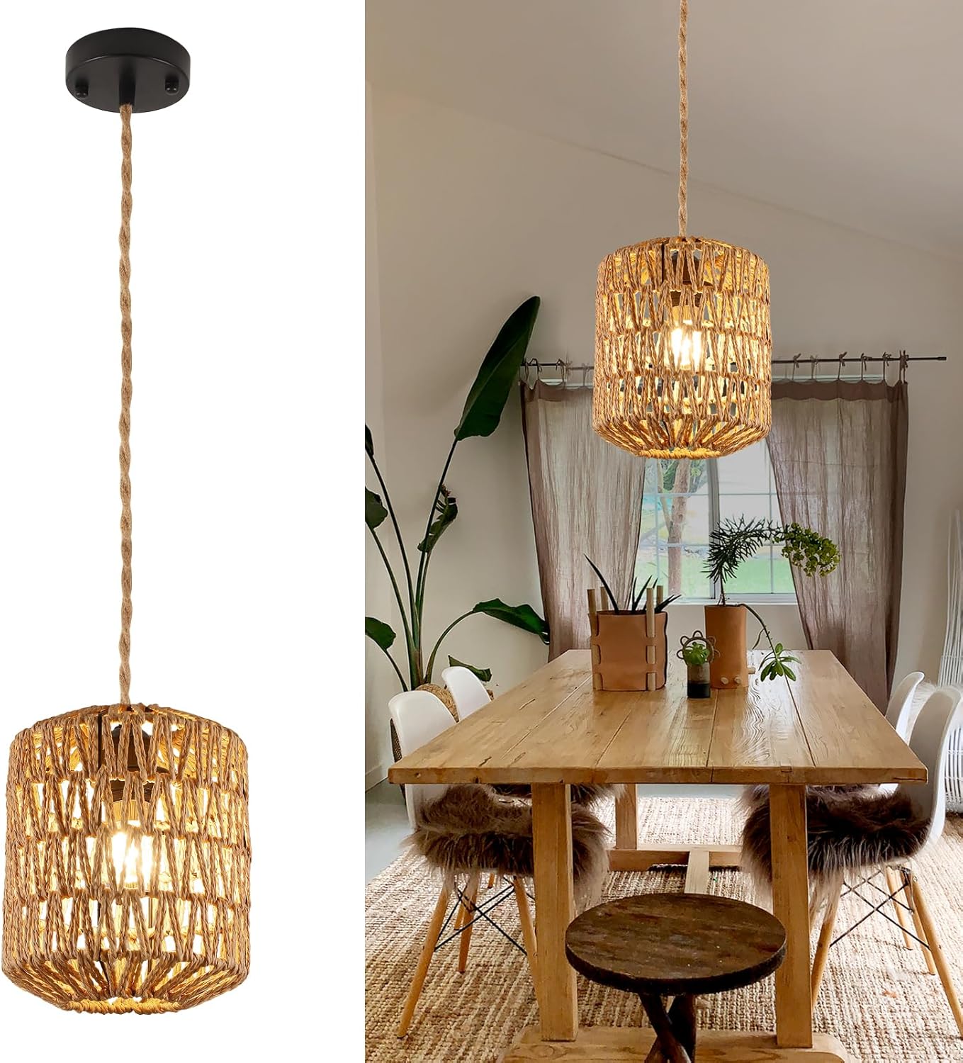 GOECO Lustre en Bambou Tressé - Forme Cylindrique 17.5x21cm, Douille E27, Sans Ampoule, Câble de Suspension 150cm - 8
