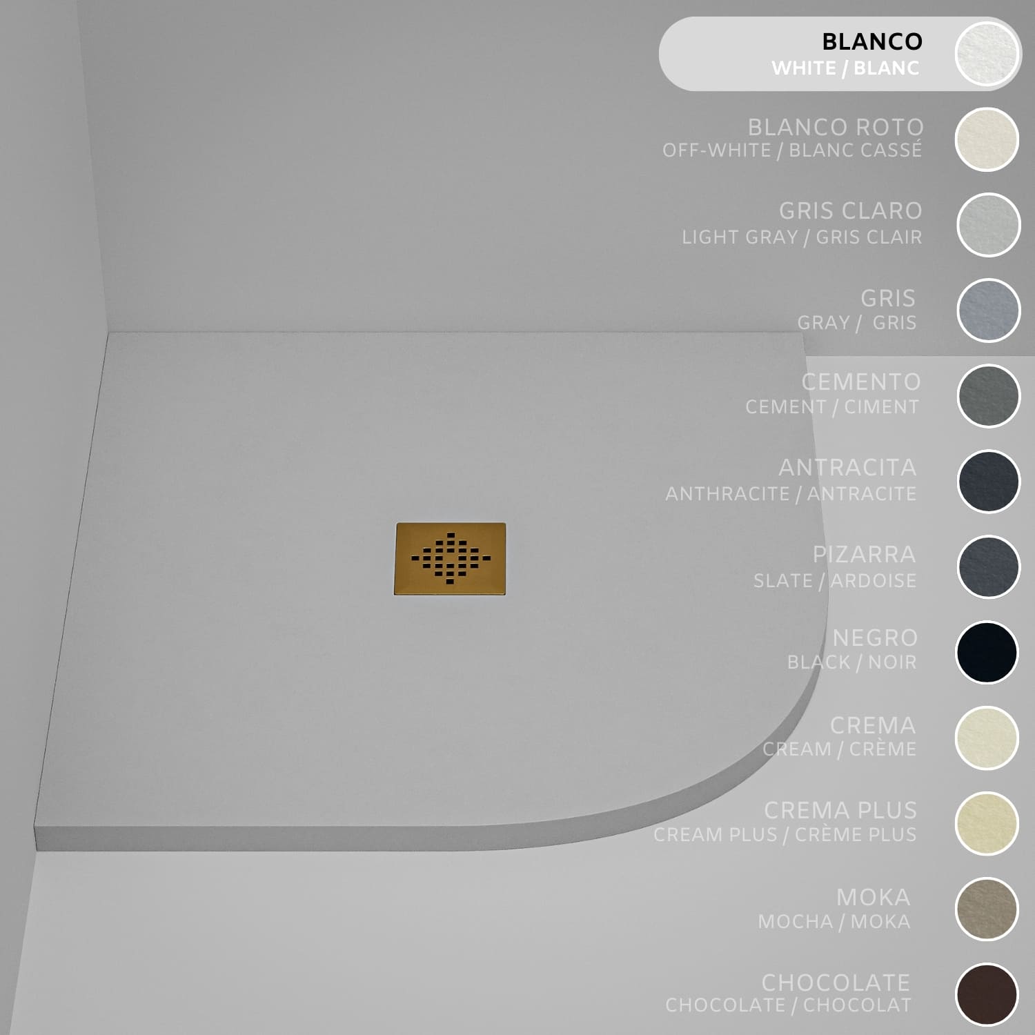 Brodzik półokrągły SOULHOME Żywica i Konglomerat Mineralny Antypoślizgowy 90x90 cm Biały - Kratka Gold