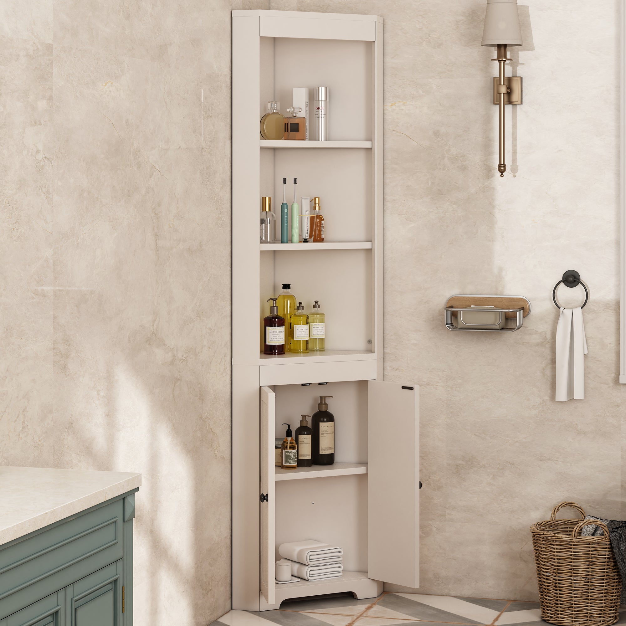 Mueble de baño esquinero - 2 puertas y 3 compartimentos abiertos - Madera MDF - Blanco - 3