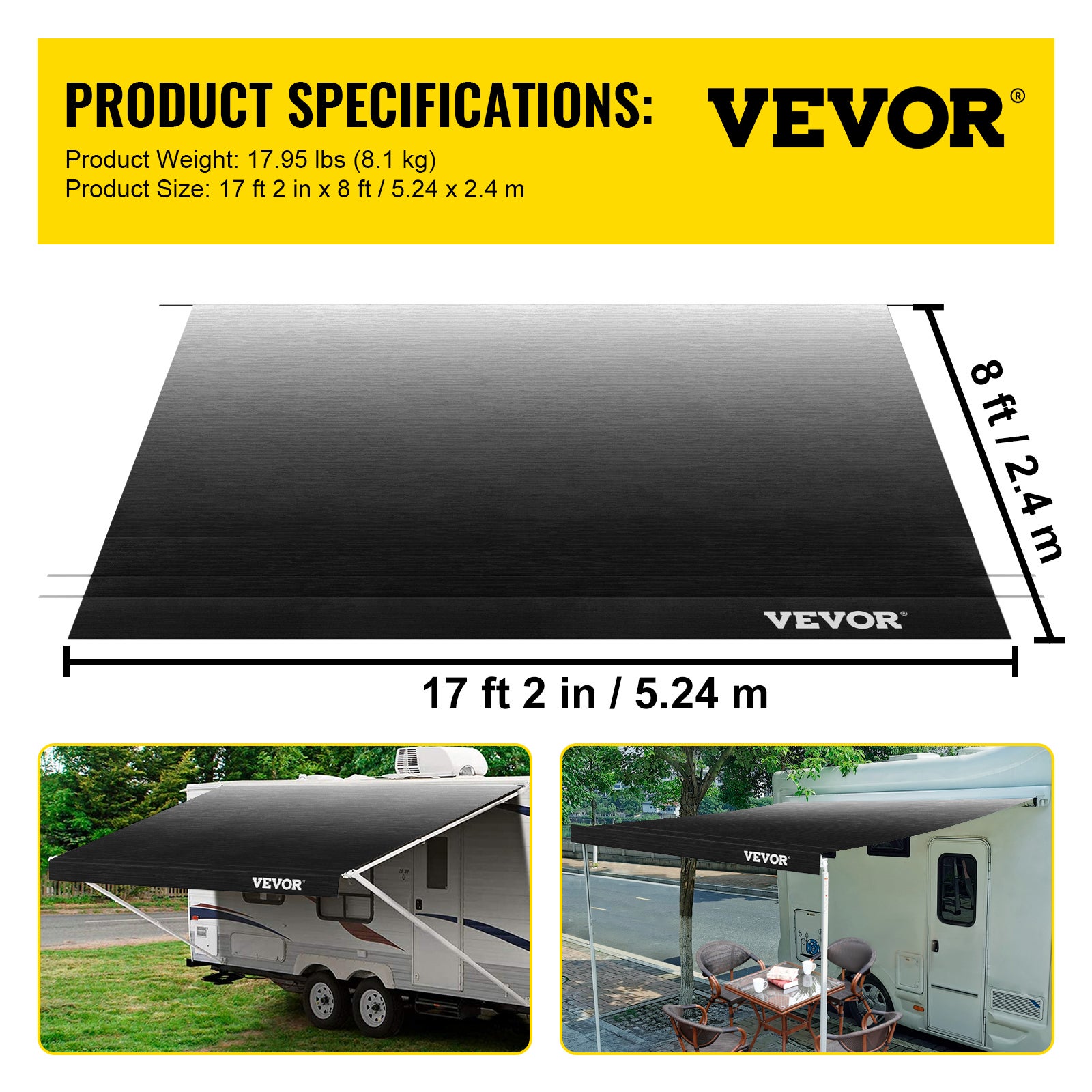 Toldo de caravana VEVOR 5,24 x 2,4 m,lona acampamento ao ar livre cor gradiente carvão,tecido substituição de vinil 425g para toldo de autocaravana - 7