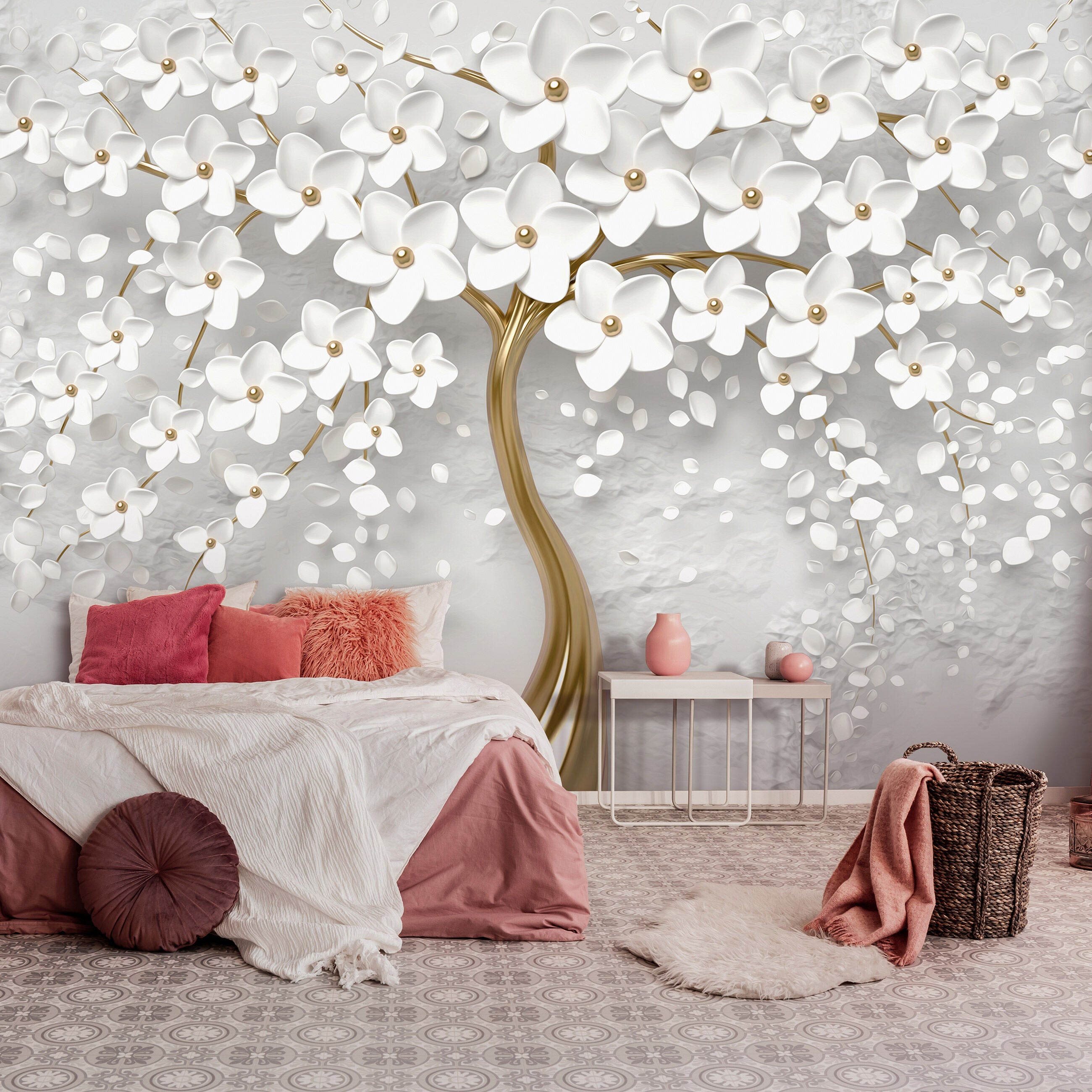 Papier Peint Intissé Panoramique 3D Fleurs Abstrait Gris Or Arbre Fleuri 368x254 cm - Colle Inclus - Chambre et Salon Cuisine - 2
